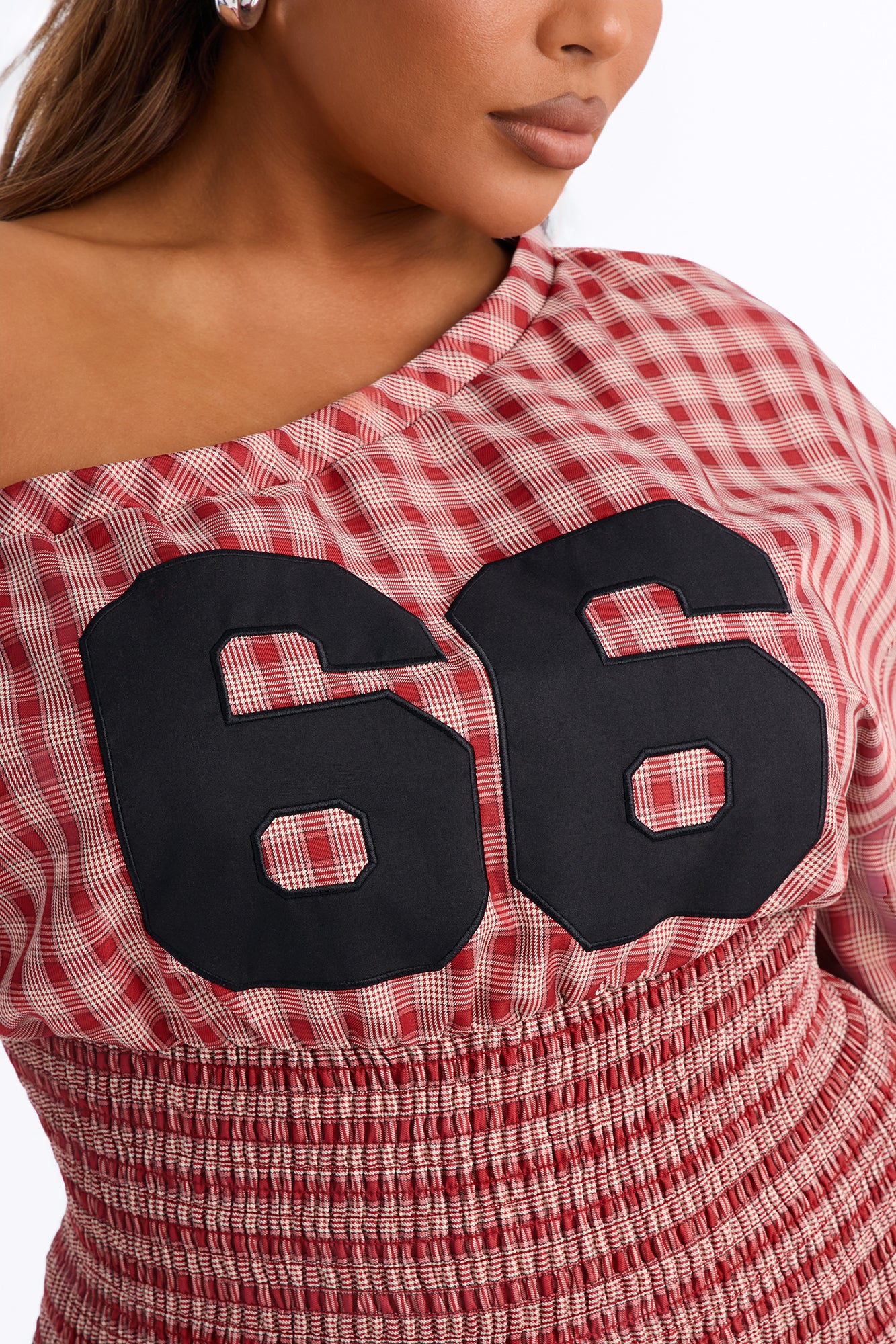 Plaid And Sporty Off Shoulder Top - Red - Image 7