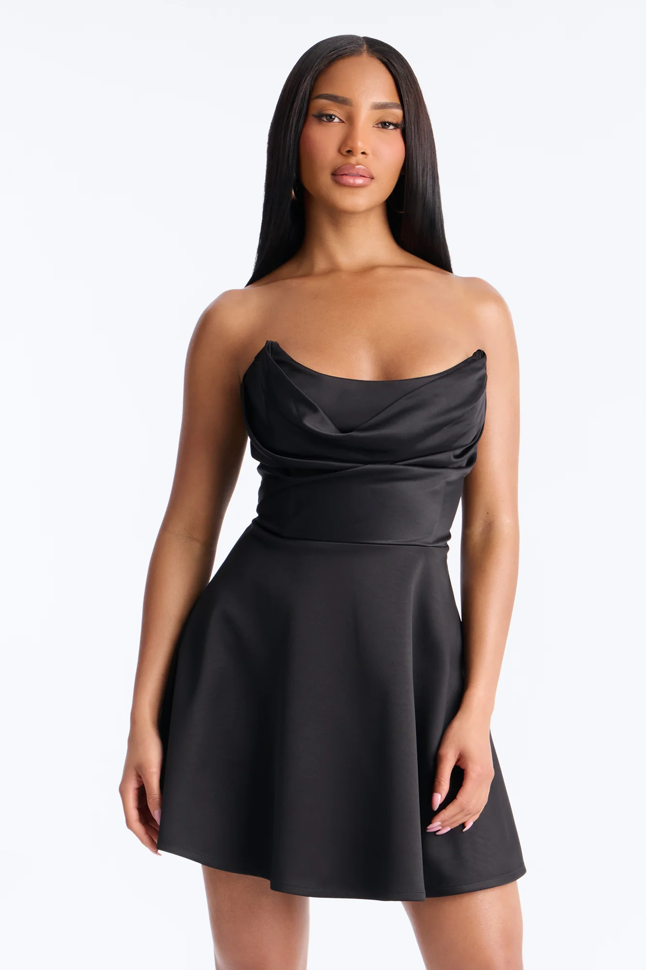 Playful Satin Strapless Mini Dress - Black