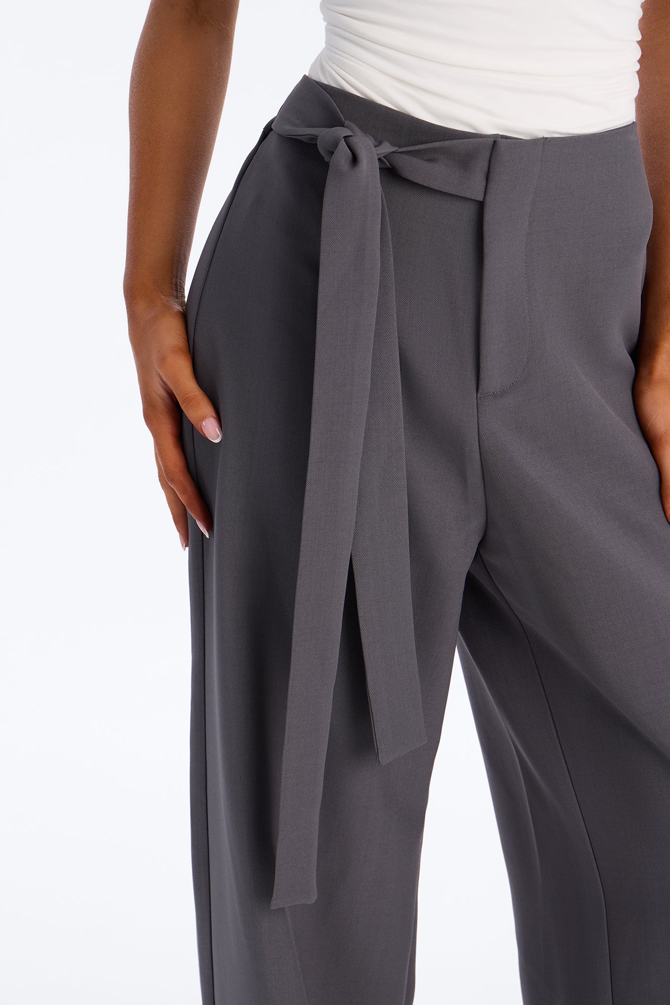 Polished Perfection Crepe Tie Waist Trouser 33″ - Charcoal - Image 3