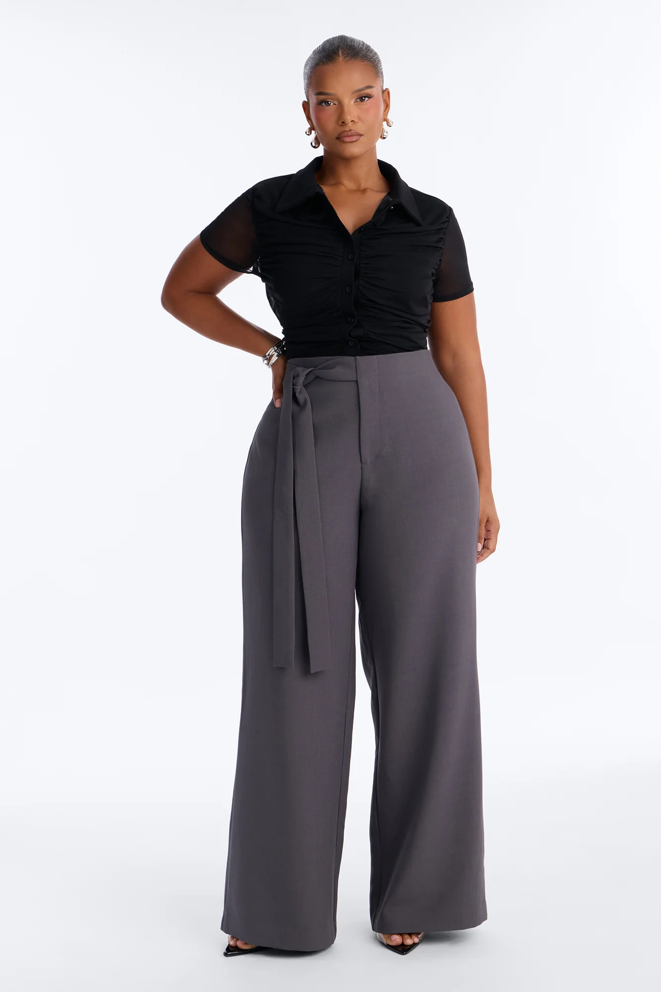 Polished Perfection Crepe Tie Waist Trouser 33″ - Charcoal - Image 5