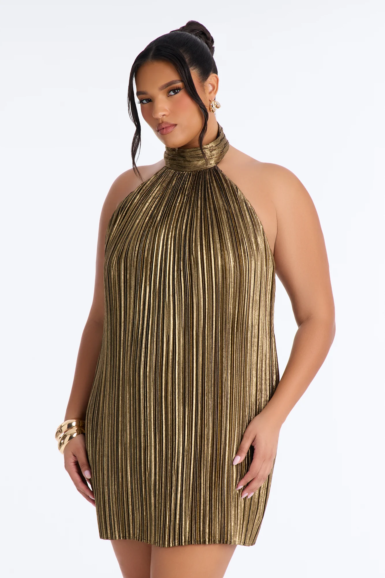 Pop Off Pleated Metallic Mini Dress - Bronze - Image 5