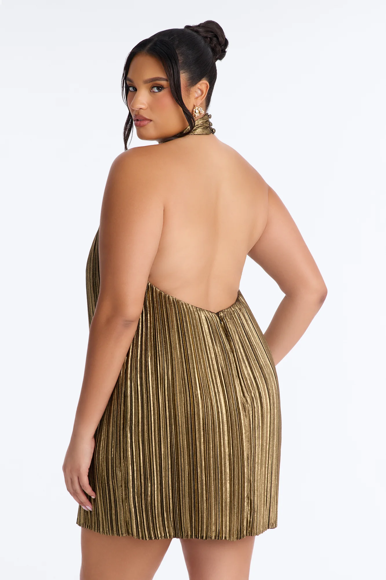 Pop Off Pleated Metallic Mini Dress - Bronze - Image 7