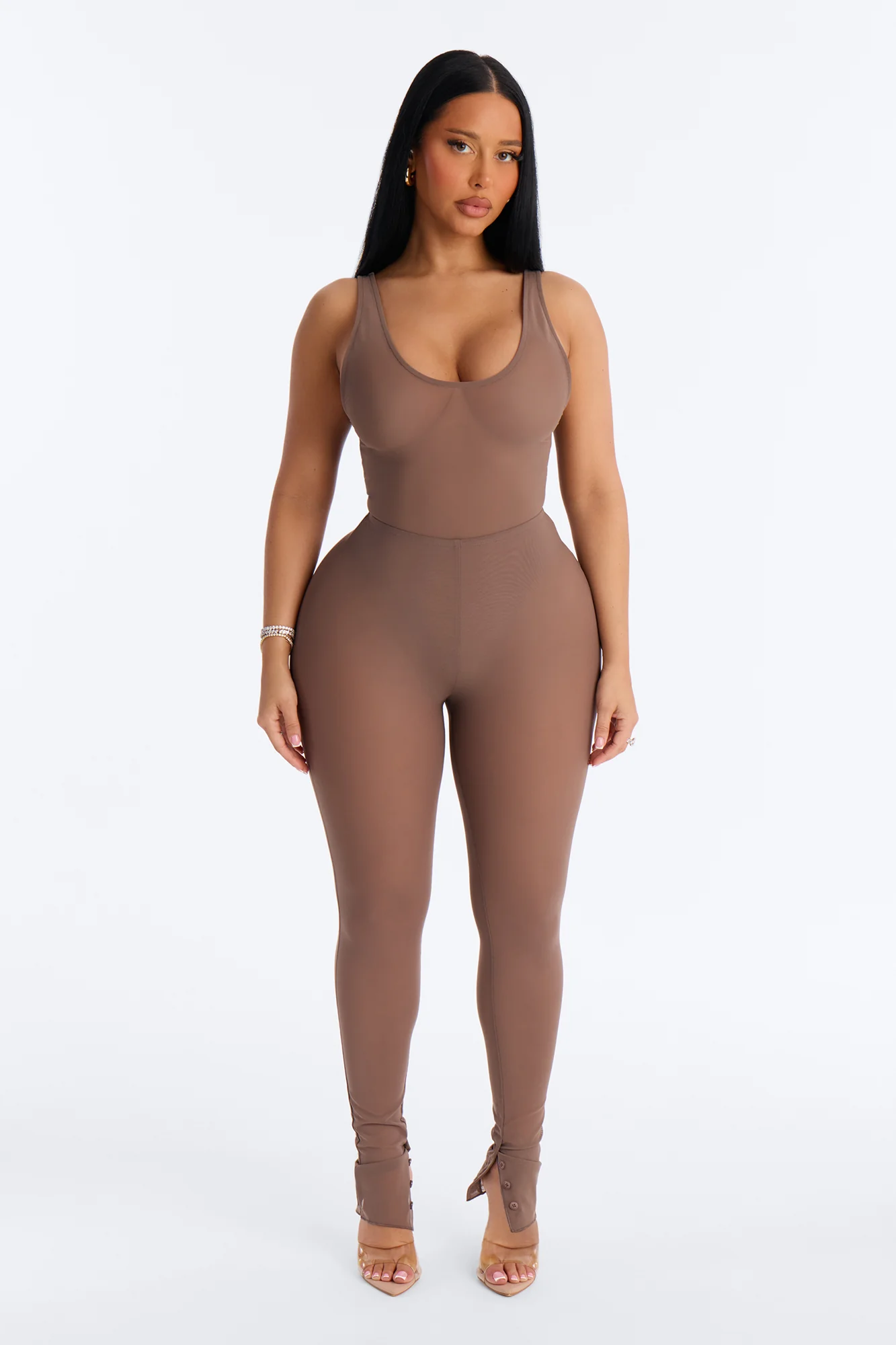 Power Mesh Deep U Neck Sleeveless Bodysuit - Brown - Image 2