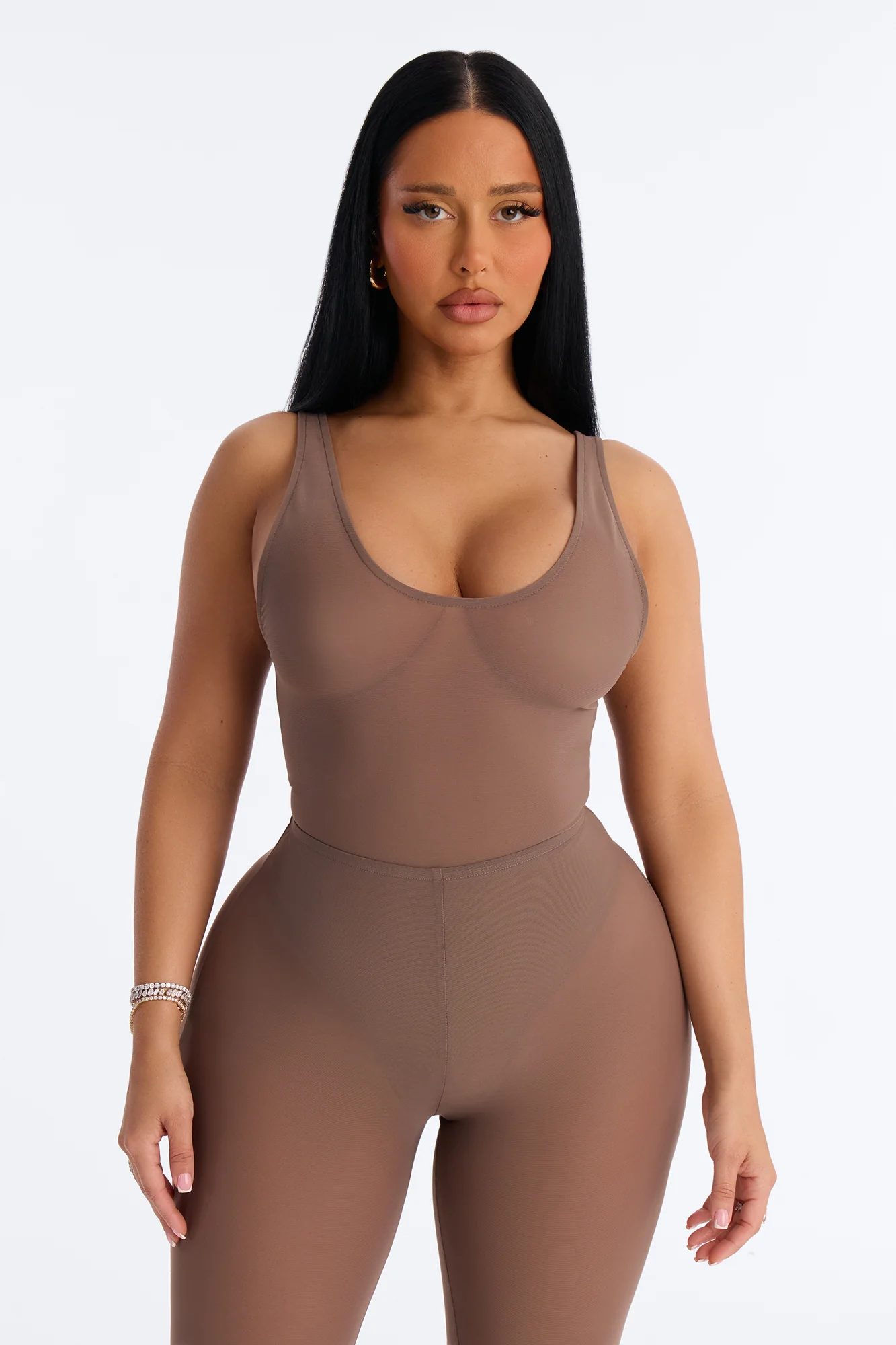 Power Mesh Deep U Neck Sleeveless Bodysuit - Brown - Image 3
