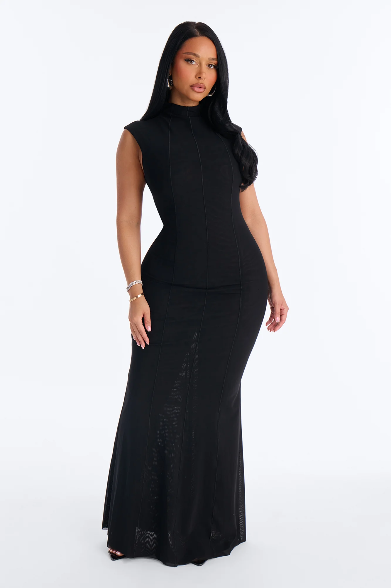 Power Mesh Double Lined Mock Neck Sleeveless Maxi Dress - Black