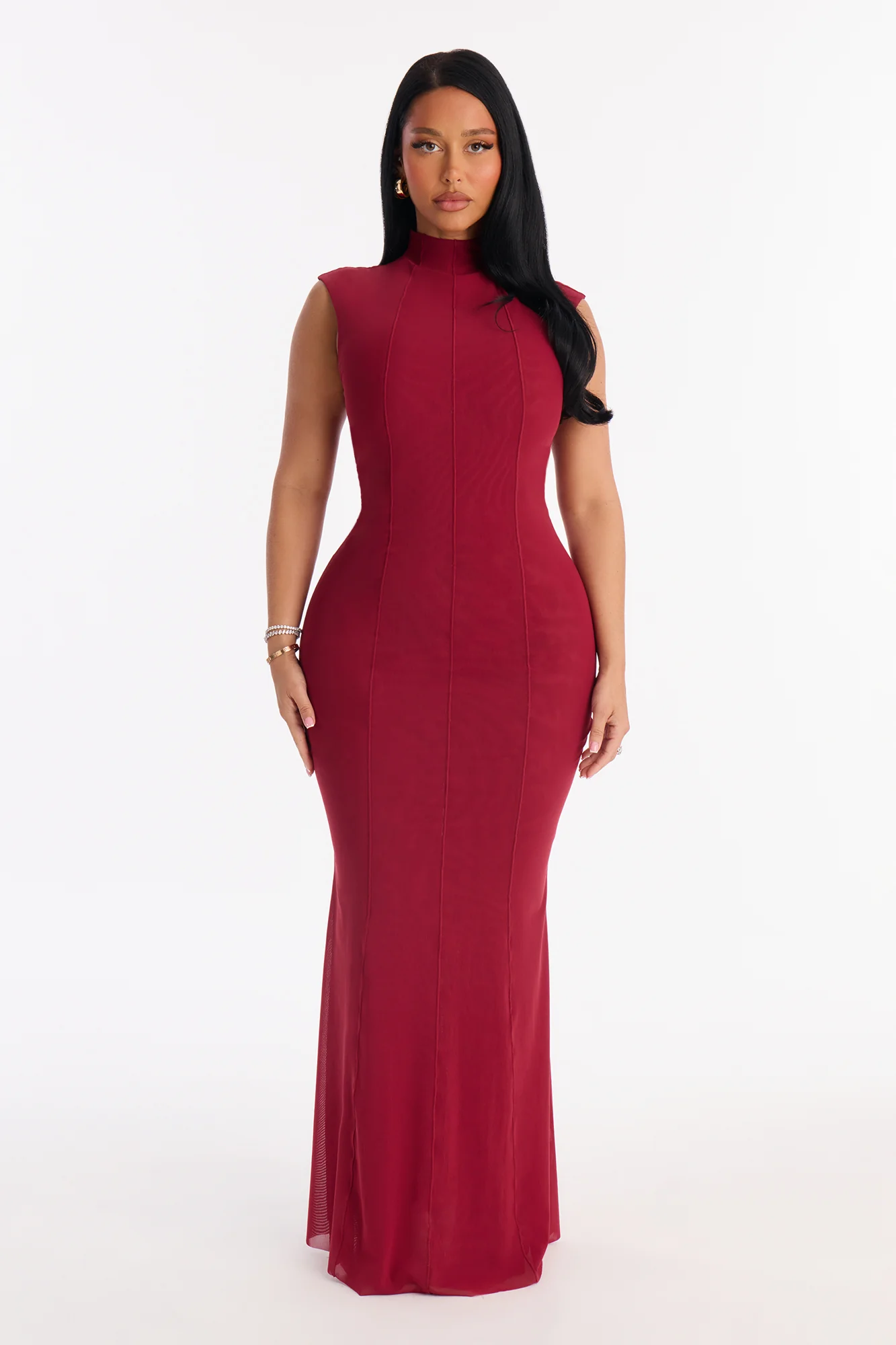 Power Mesh Double Lined Mock Neck Sleeveless Maxi Dress - DarkRed