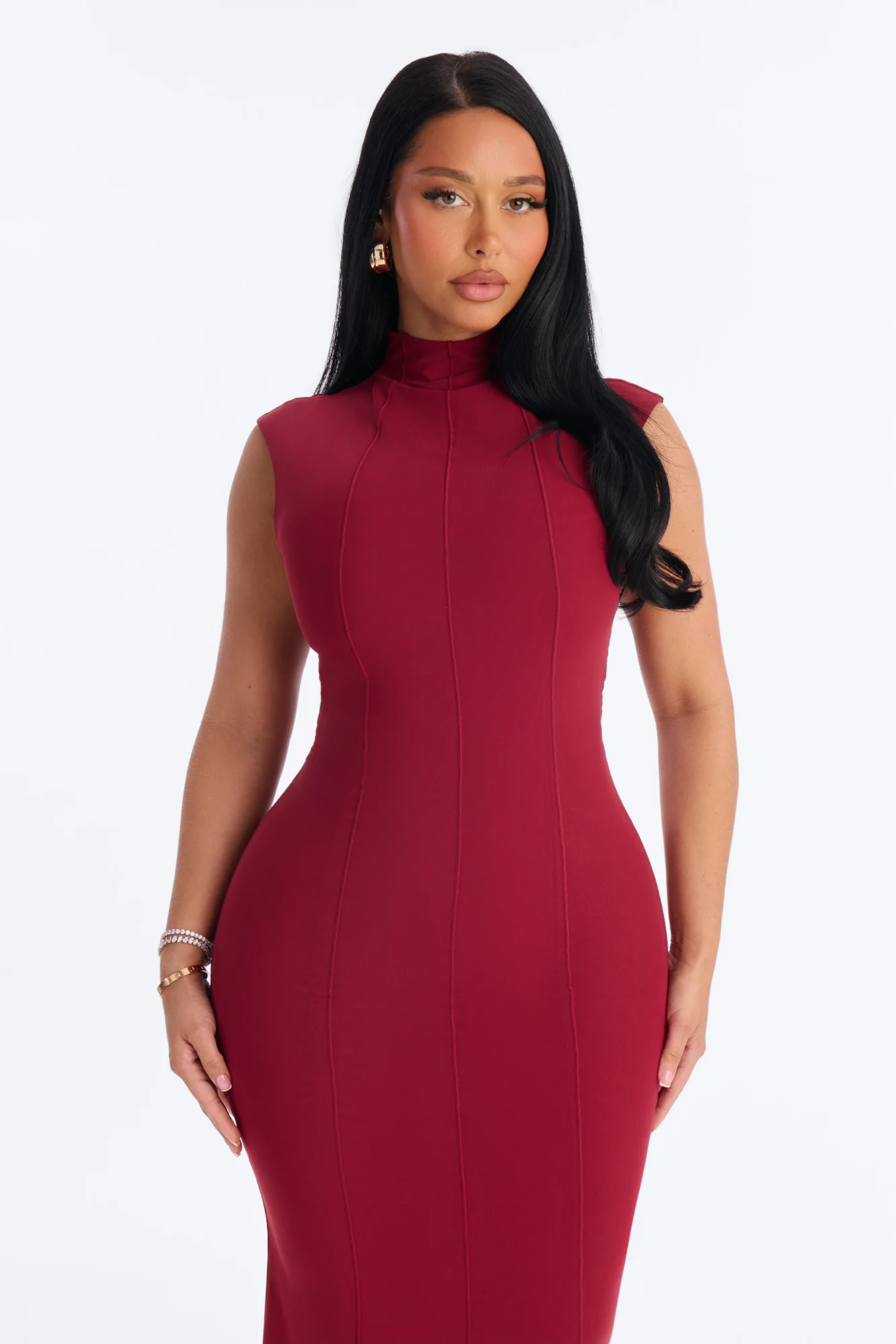 Power Mesh Double Lined Mock Neck Sleeveless Maxi Dress - DarkRed - Image 2