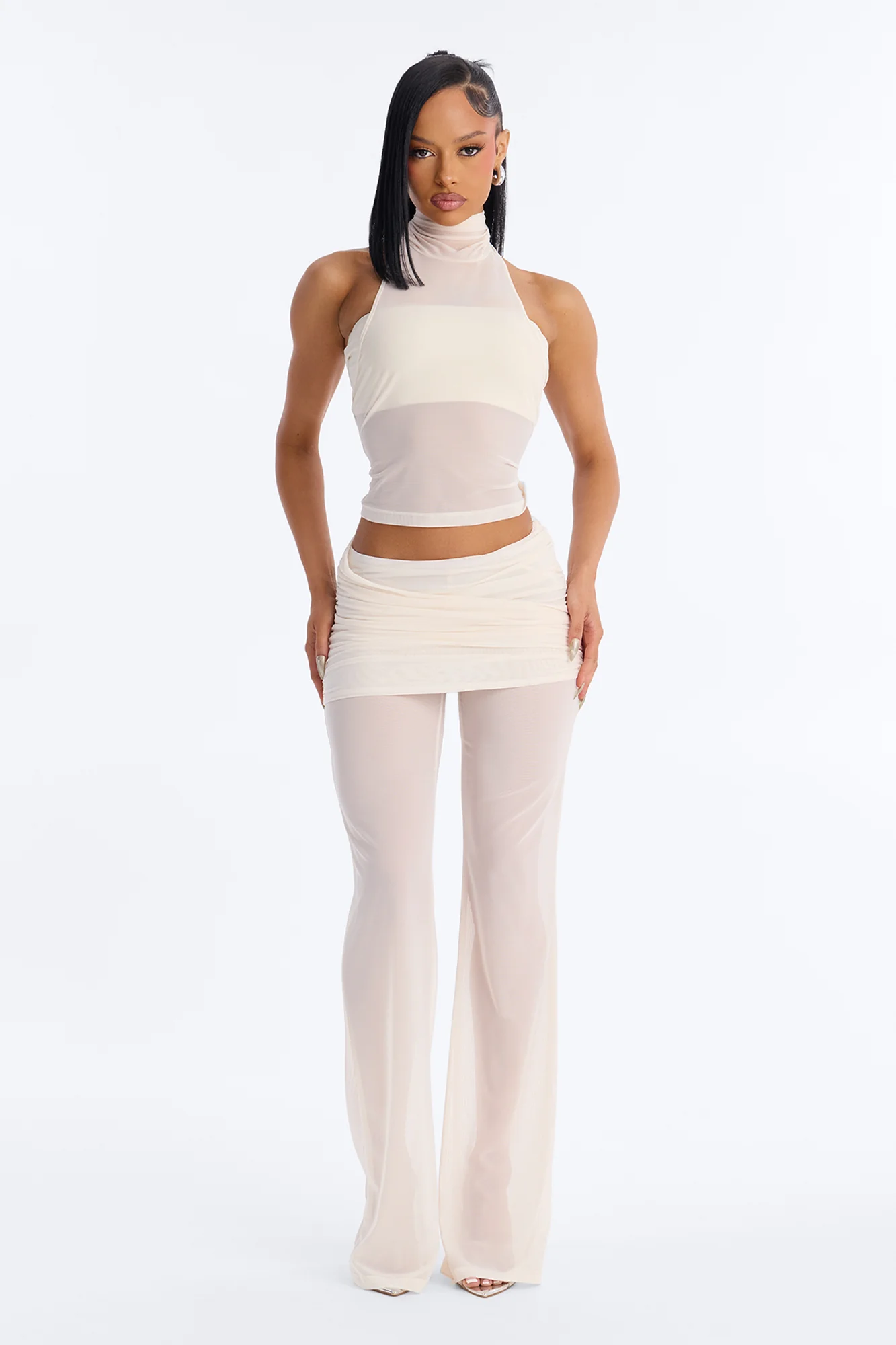 Power Mesh Foldover Ruched Flare Pant - Bone