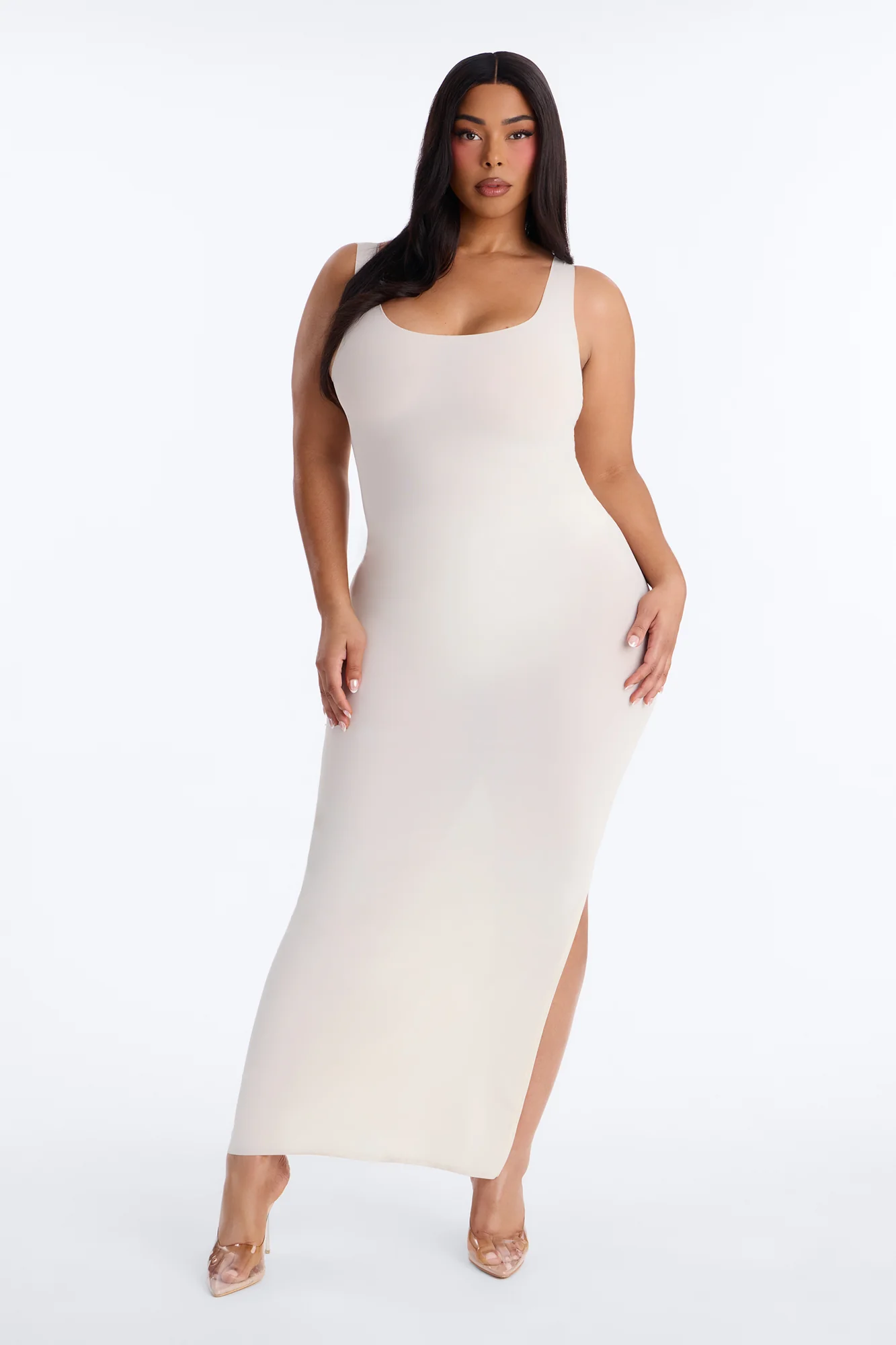 Power Mesh Low Scoop Back Sleeveless Maxi Dress - Bone - Image 4