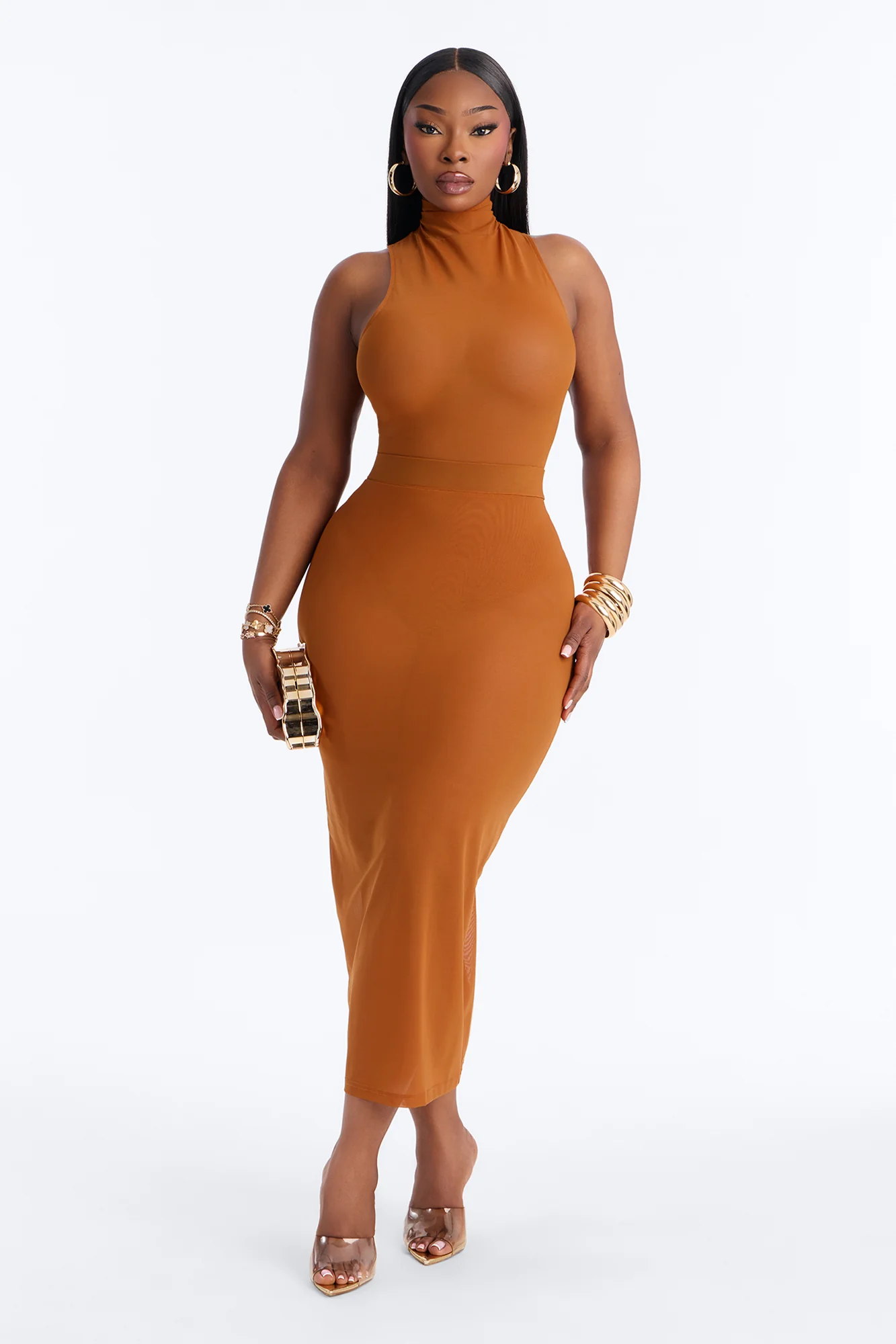 Power Mesh Midi Pencil Skirt - Copper - Image 5