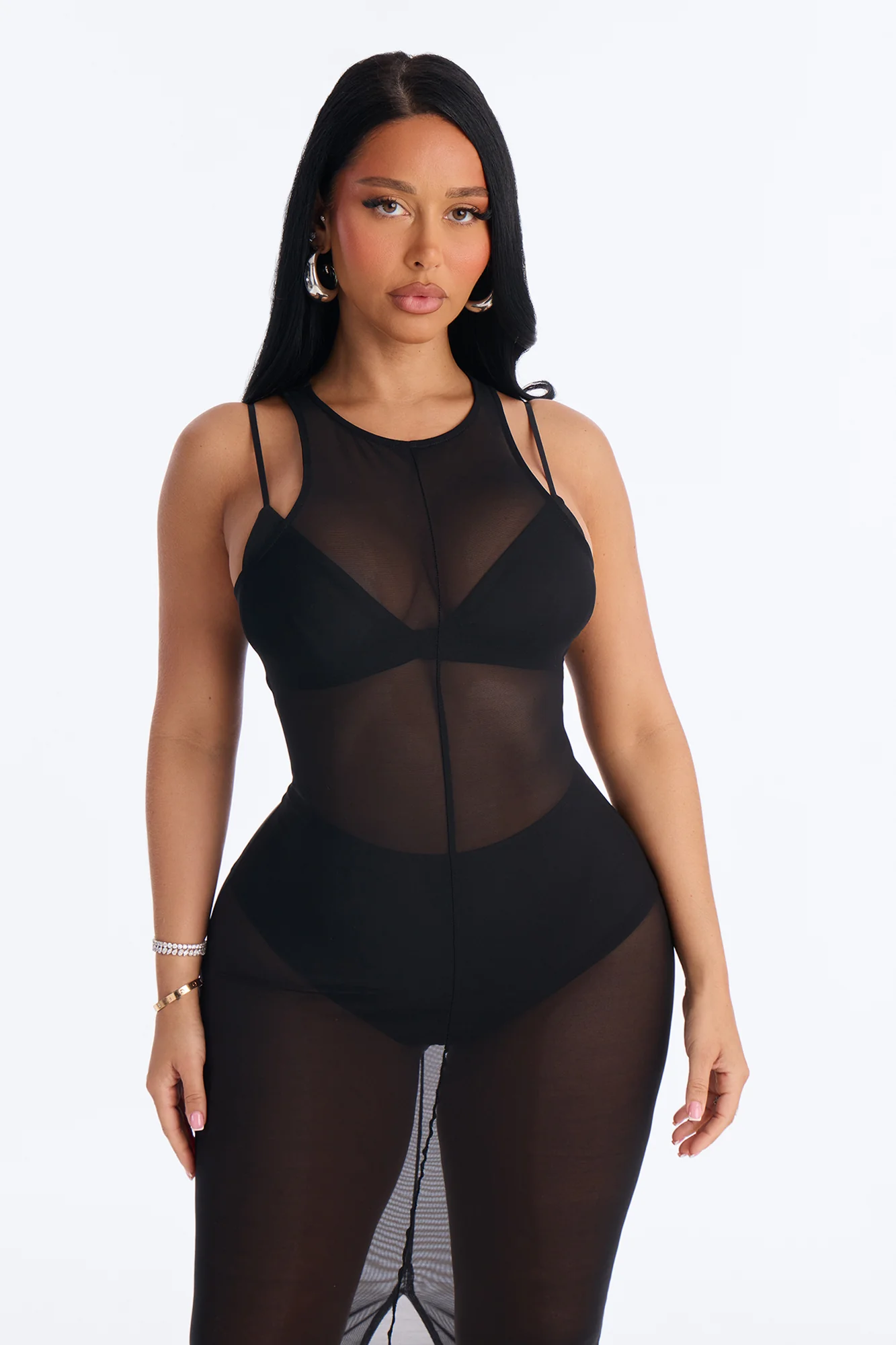 Power Mesh Sleeveless 3 Piece Maxi Dress Set - Black - Image 2