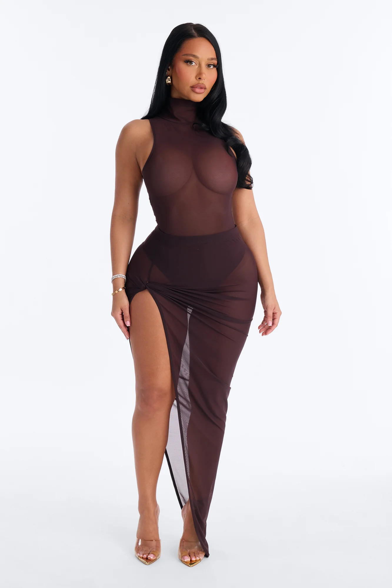 Power Mesh Turtle Neck Sleeveless Bodysuit - Chocolate - Image 2