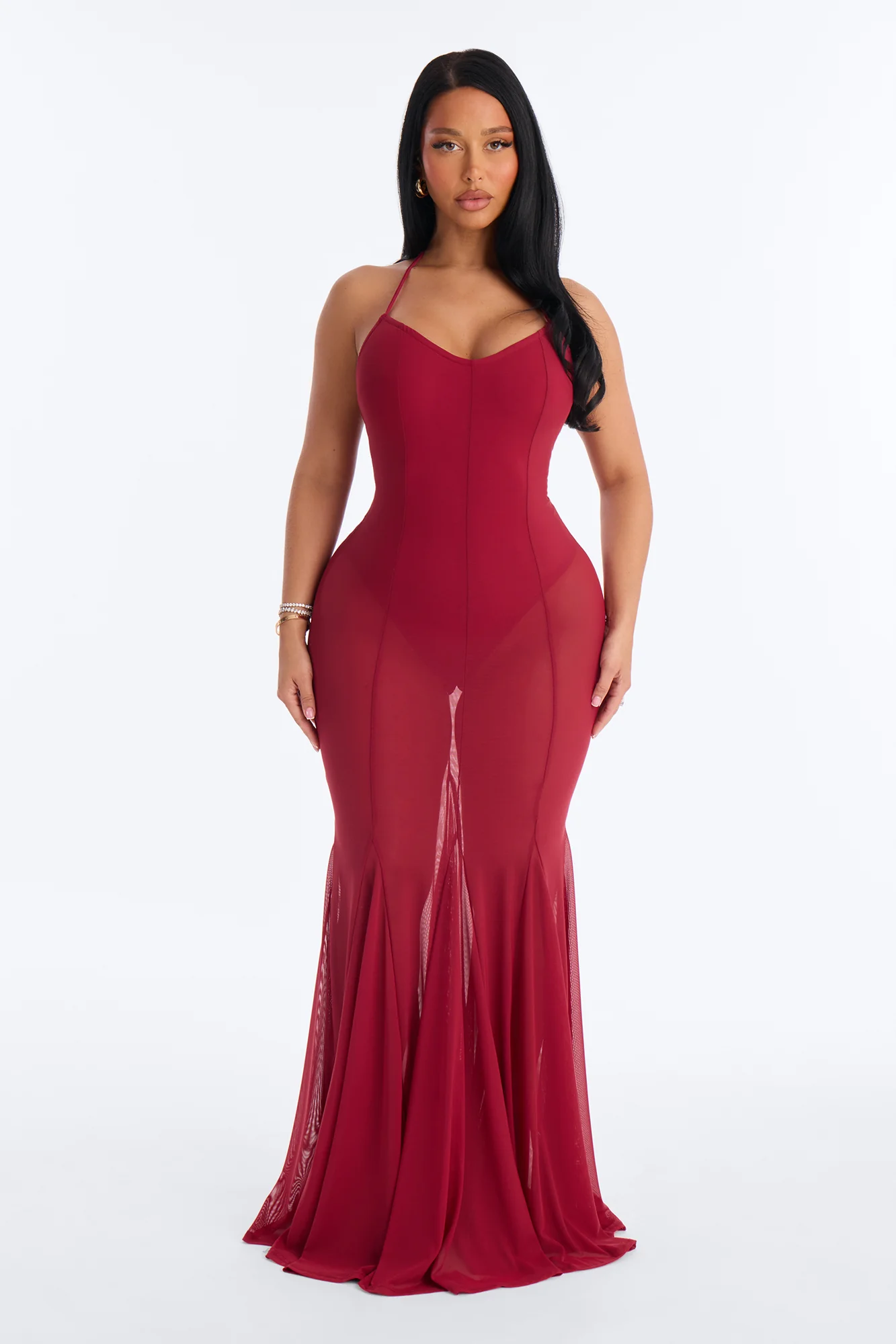 Power Mesh V Neck Halter Maxi Dress - DarkRed