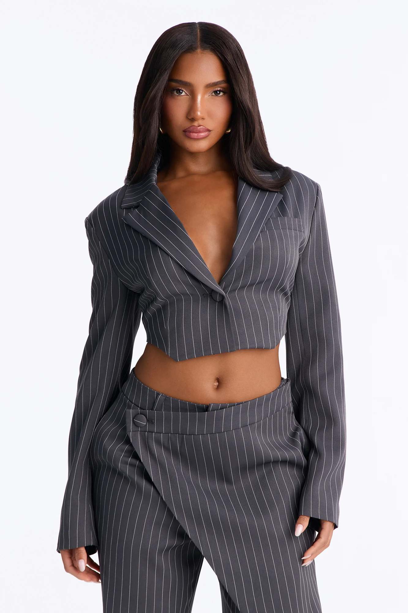 Power Plays Pinstripe Wrap Pant Set - Charcoal - Image 2
