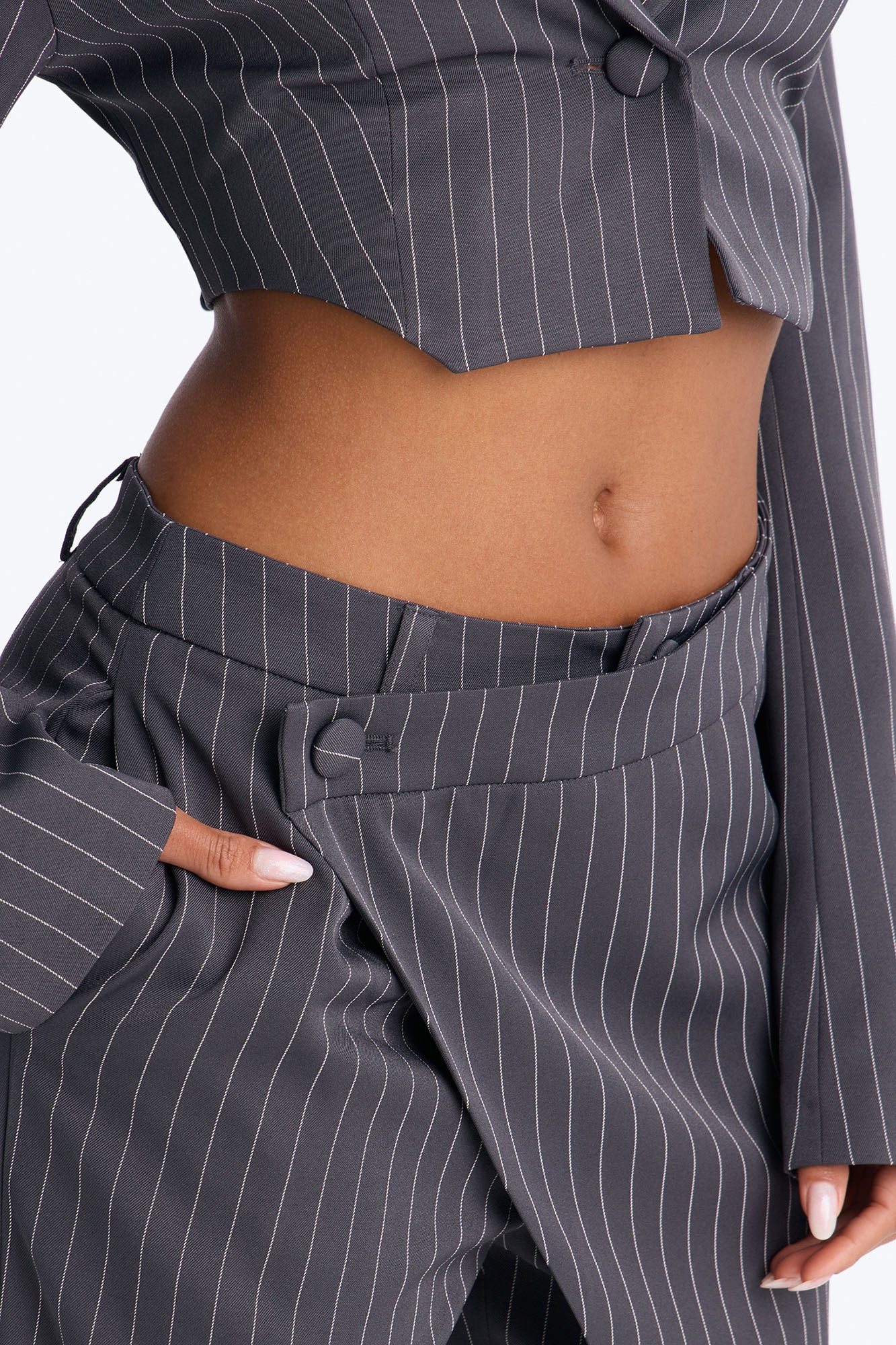 Power Plays Pinstripe Wrap Pant Set - Charcoal - Image 3
