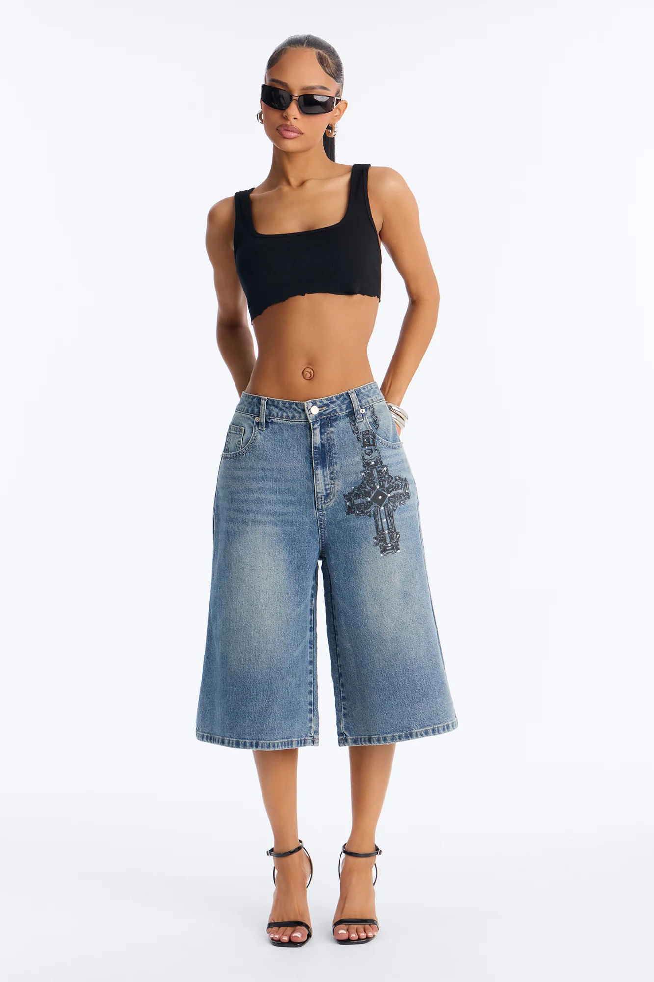 Pray Tell Printed Embellished Denim Jorts - Medium Wash - Image 2