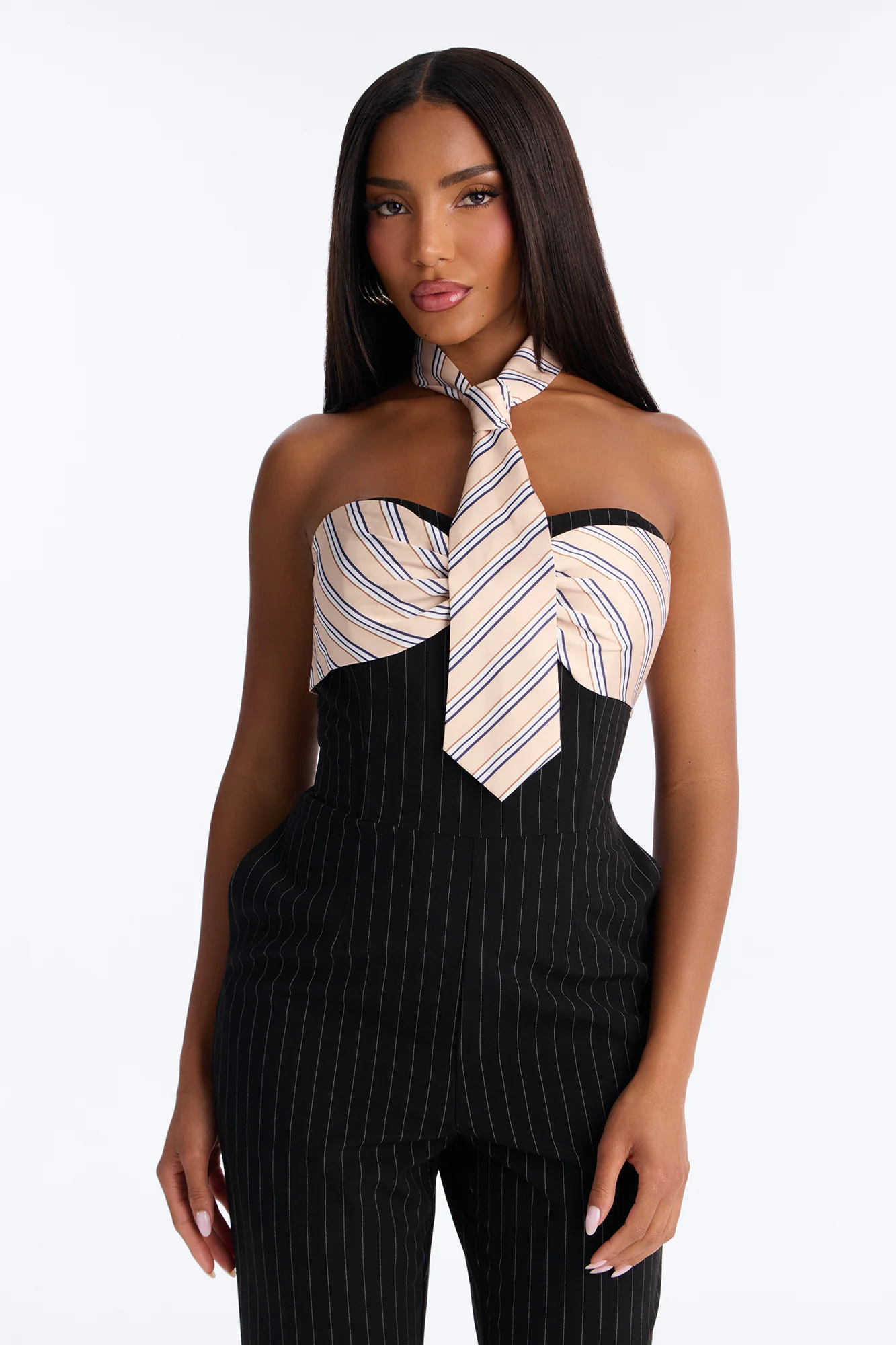 Prepped And Ready Tie Pinstripe Jumpsuit - Black - Image 2