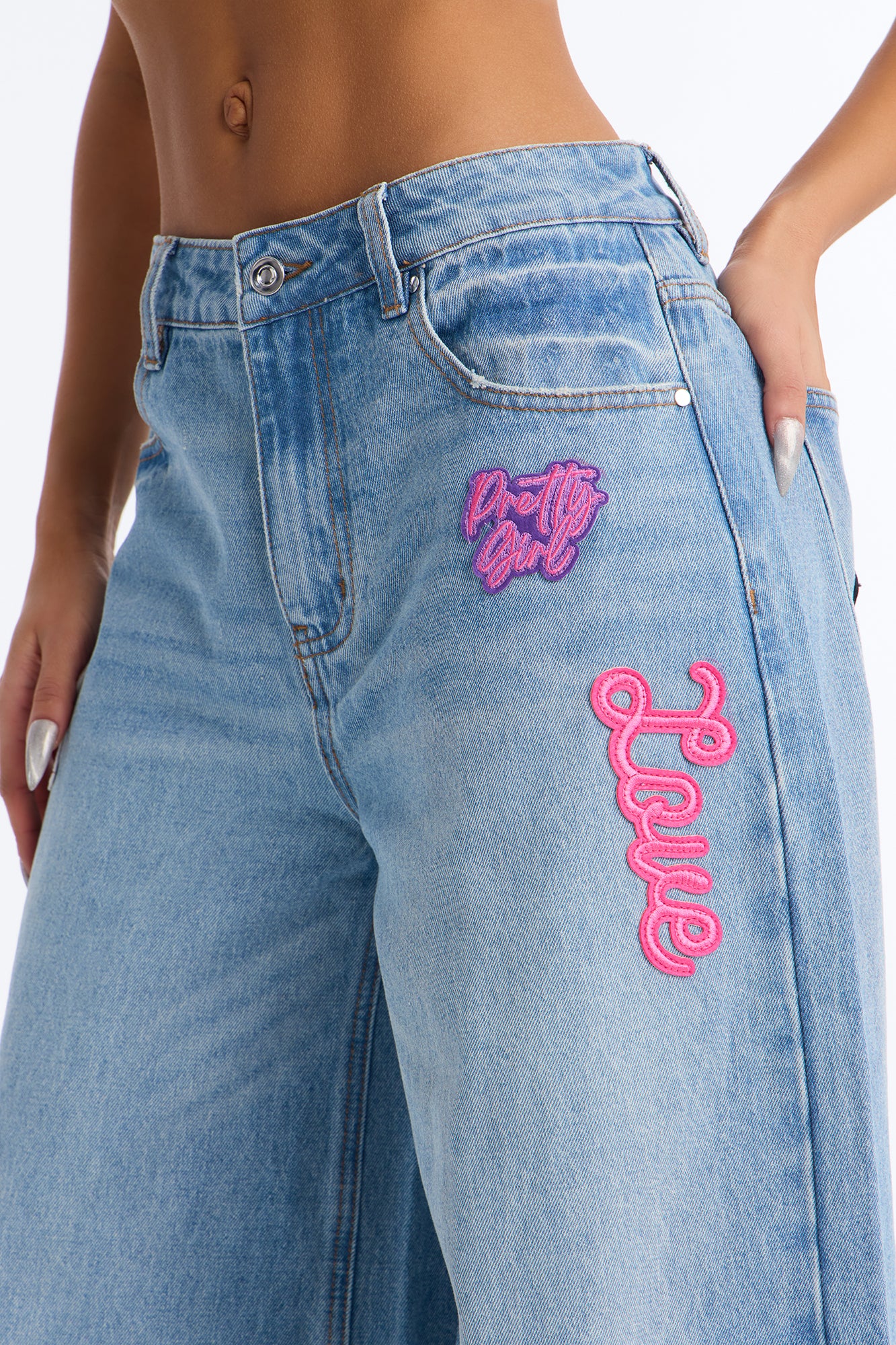 Pretty Girl Privilege Baggy Graphic Jeans - Light Wash - Image 3