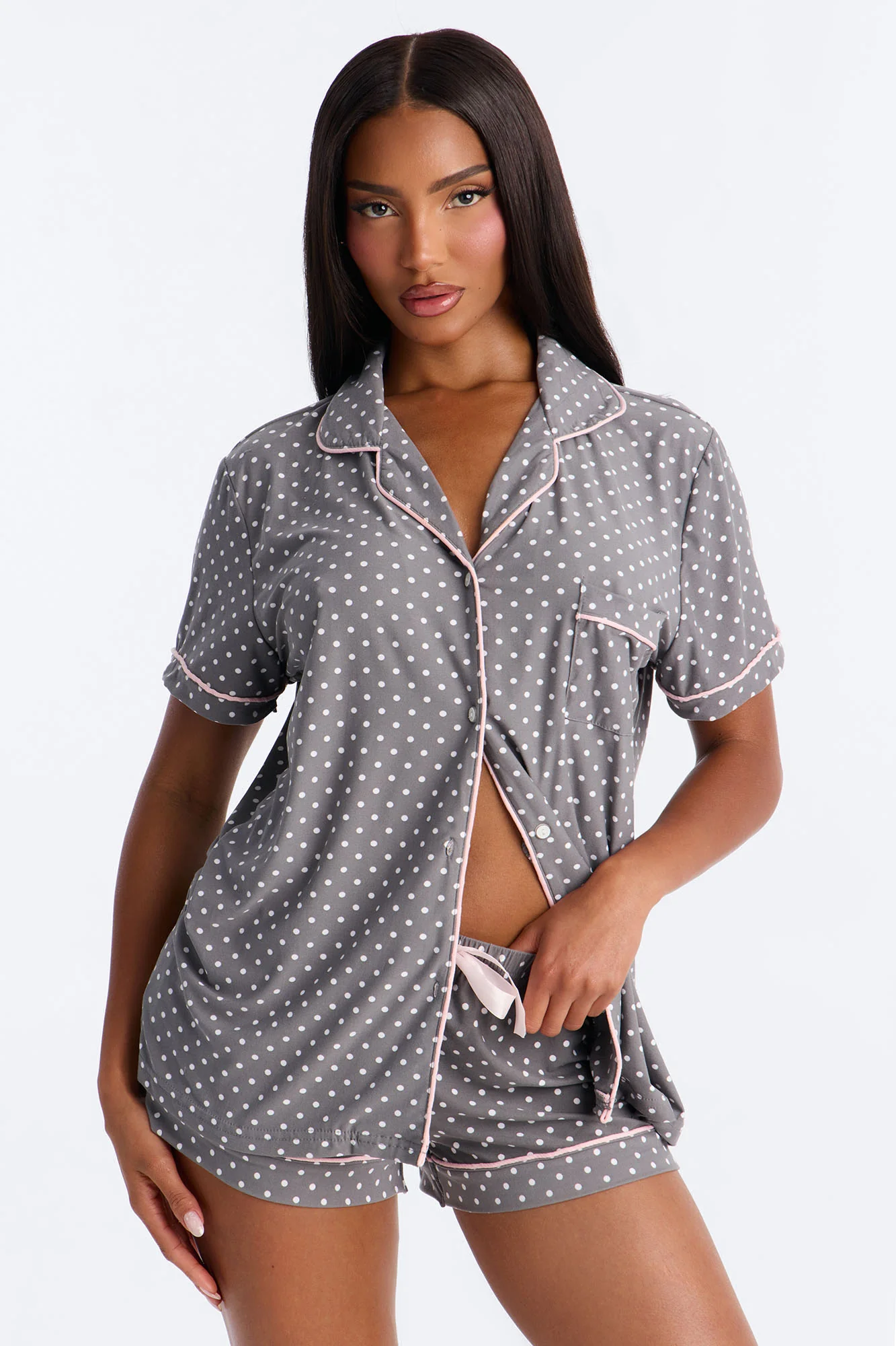 Pretty In Polka Dots 2pc PJ Short Set - Grey/combo