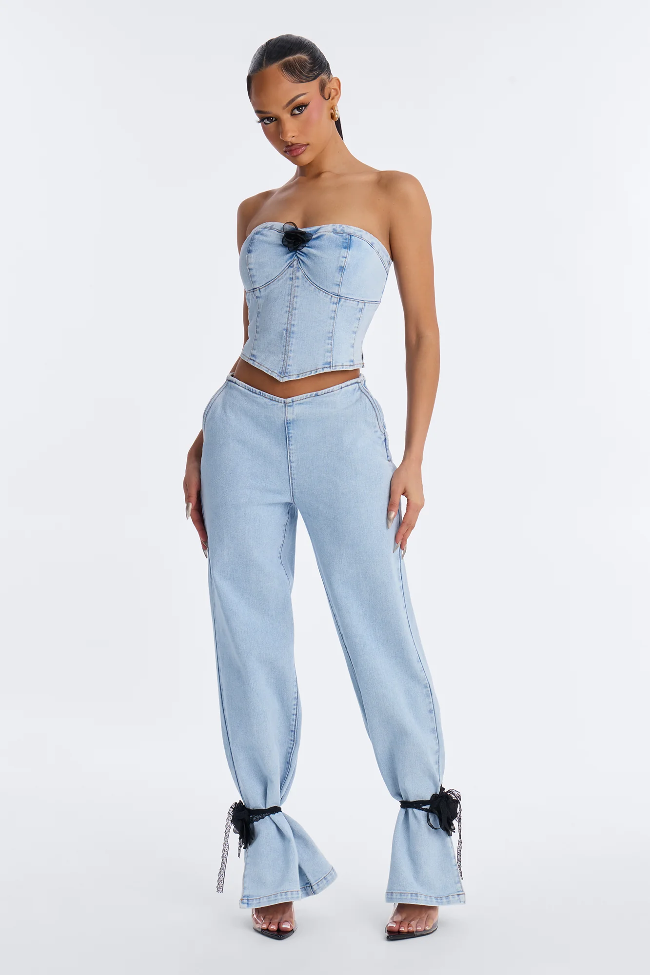 Pretty Little Ties Denim Pant Set - Light Wash