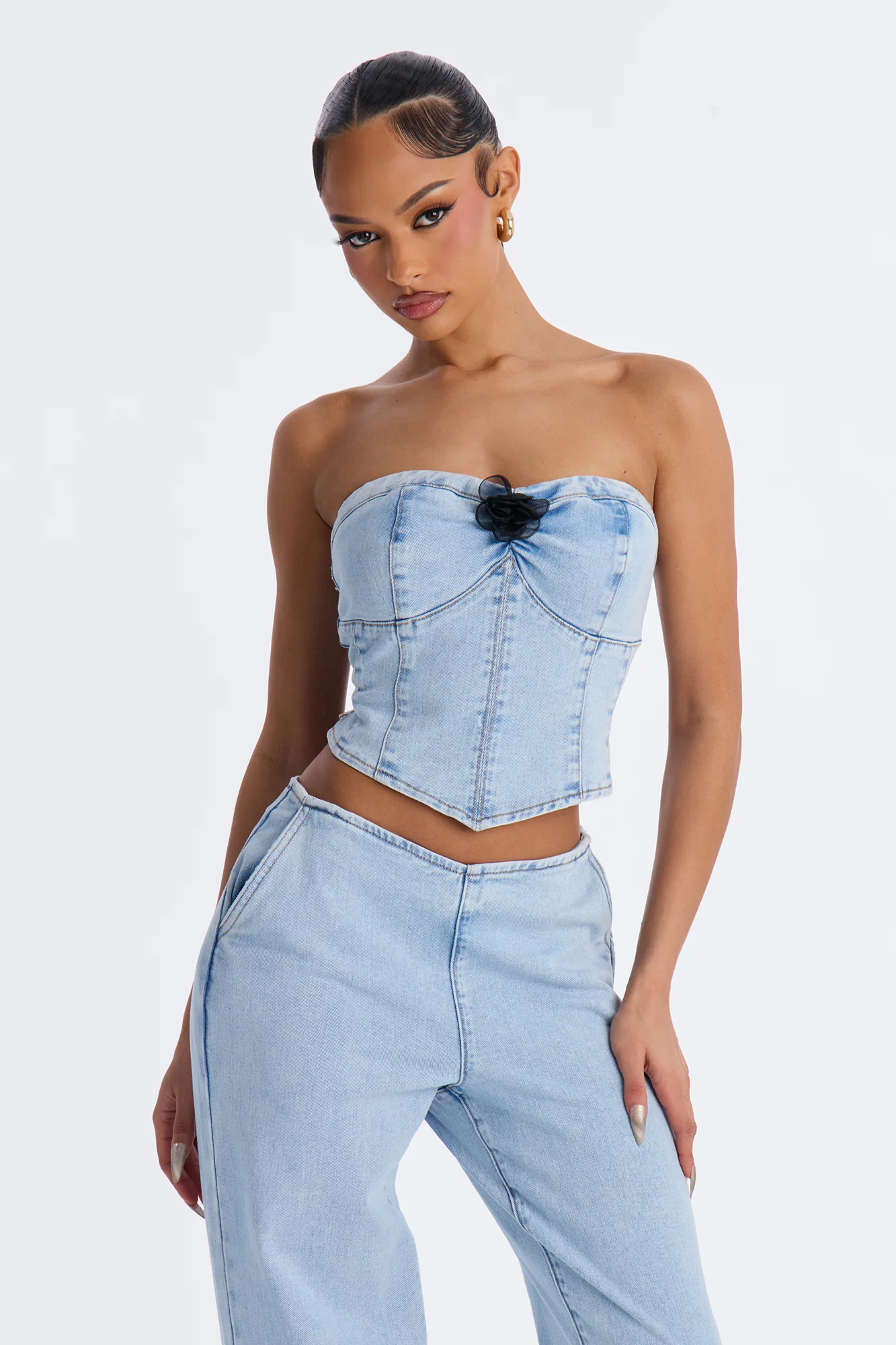 Pretty Little Ties Denim Pant Set - Light Wash - Image 2