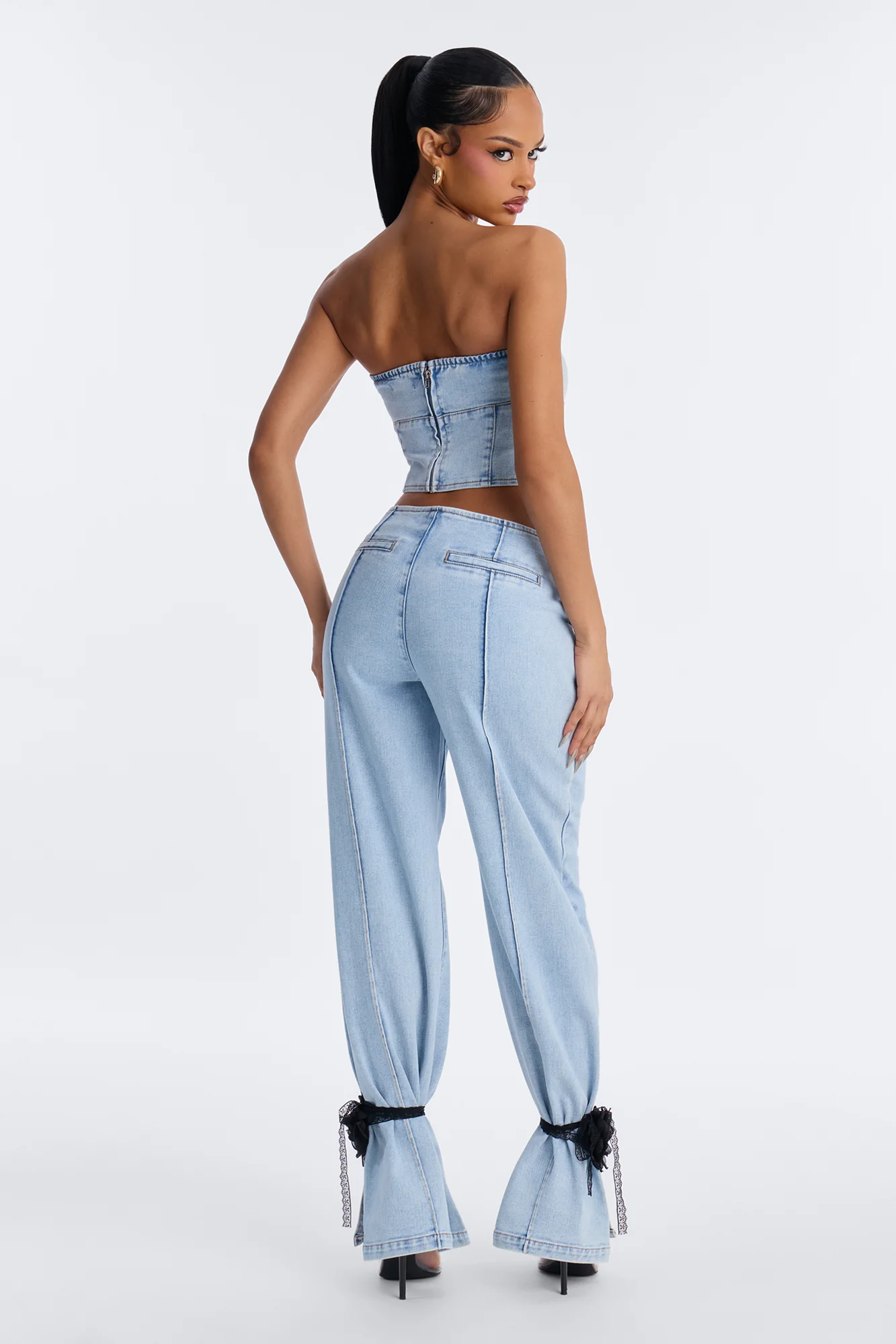 Pretty Little Ties Denim Pant Set - Light Wash - Image 4