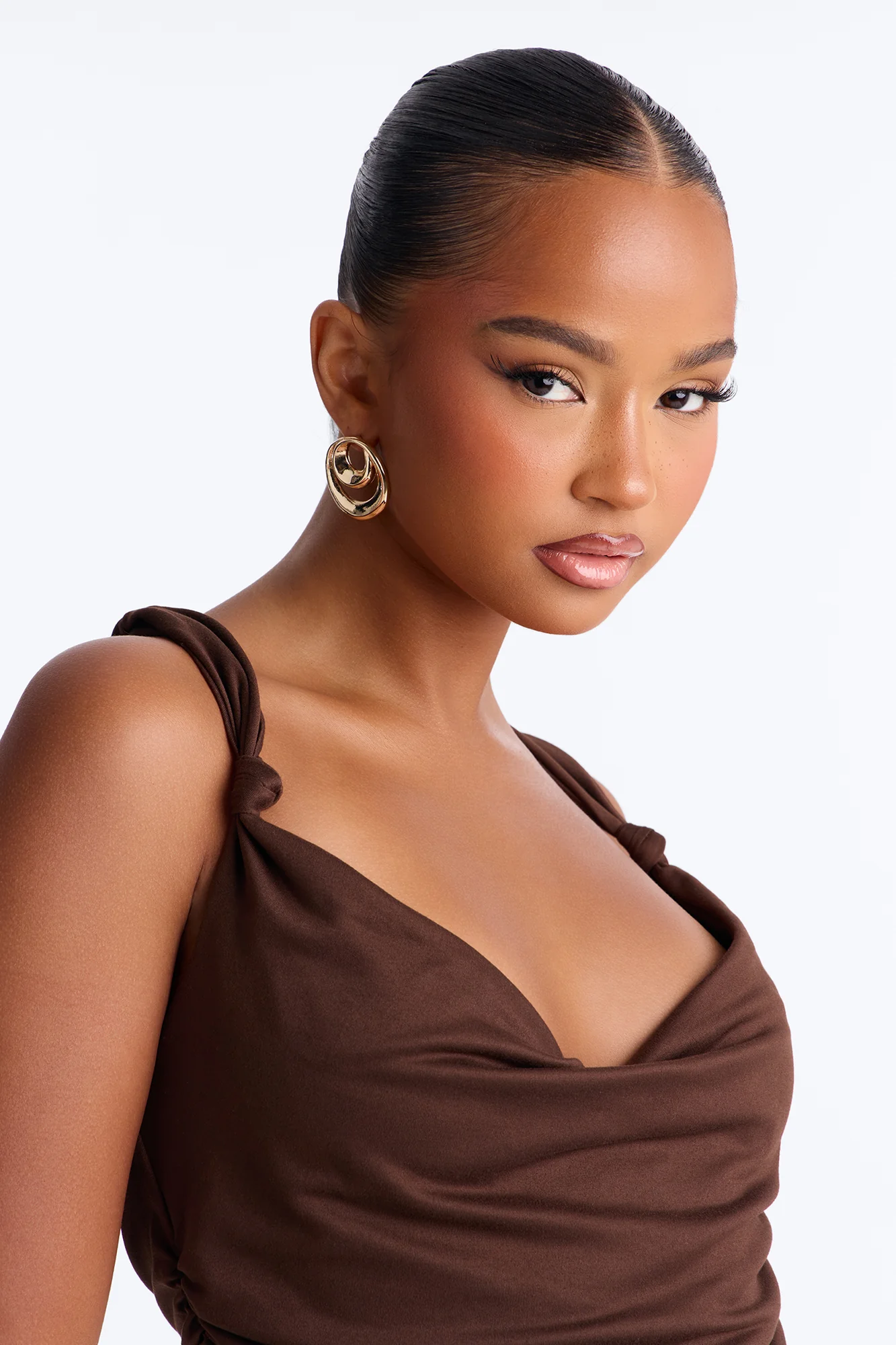 Pretty Persuasion Knot Cowl Neck Ruched Top - Chocolate - Image 2