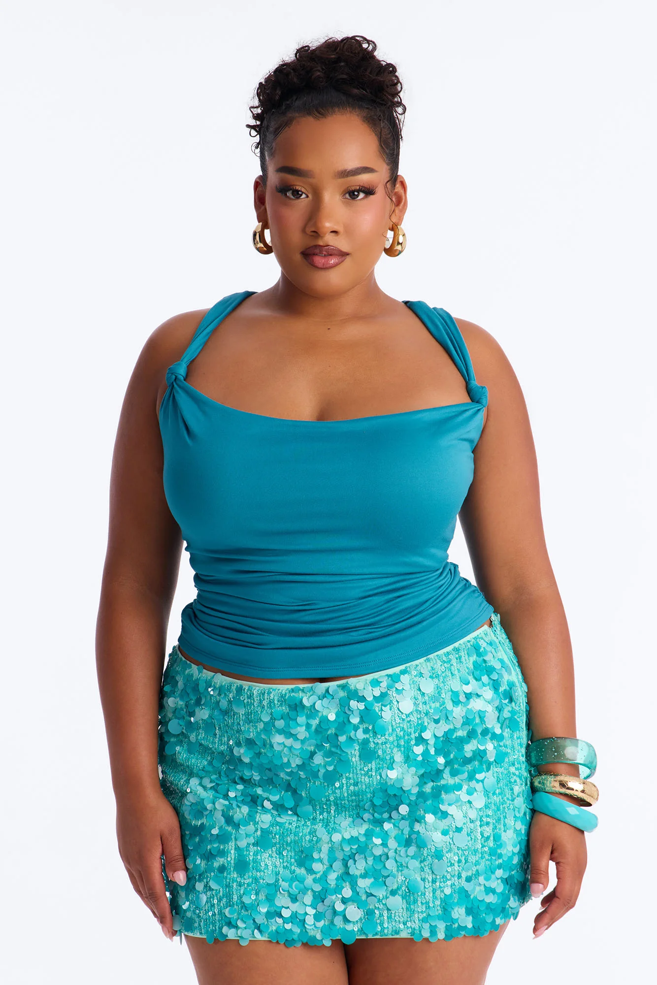 Pretty Persuasion Knot Cowl Neck Ruched Top - Teal - Image 4