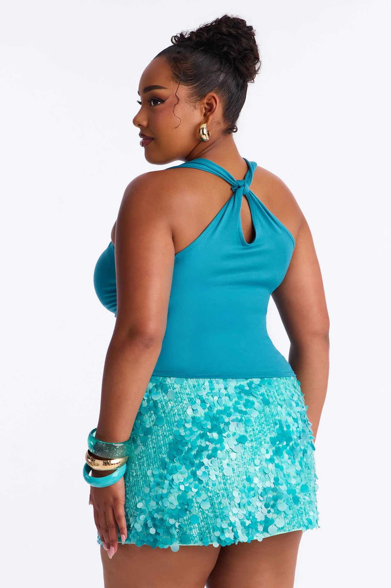 Pretty Persuasion Knot Cowl Neck Ruched Top - Teal - Image 7