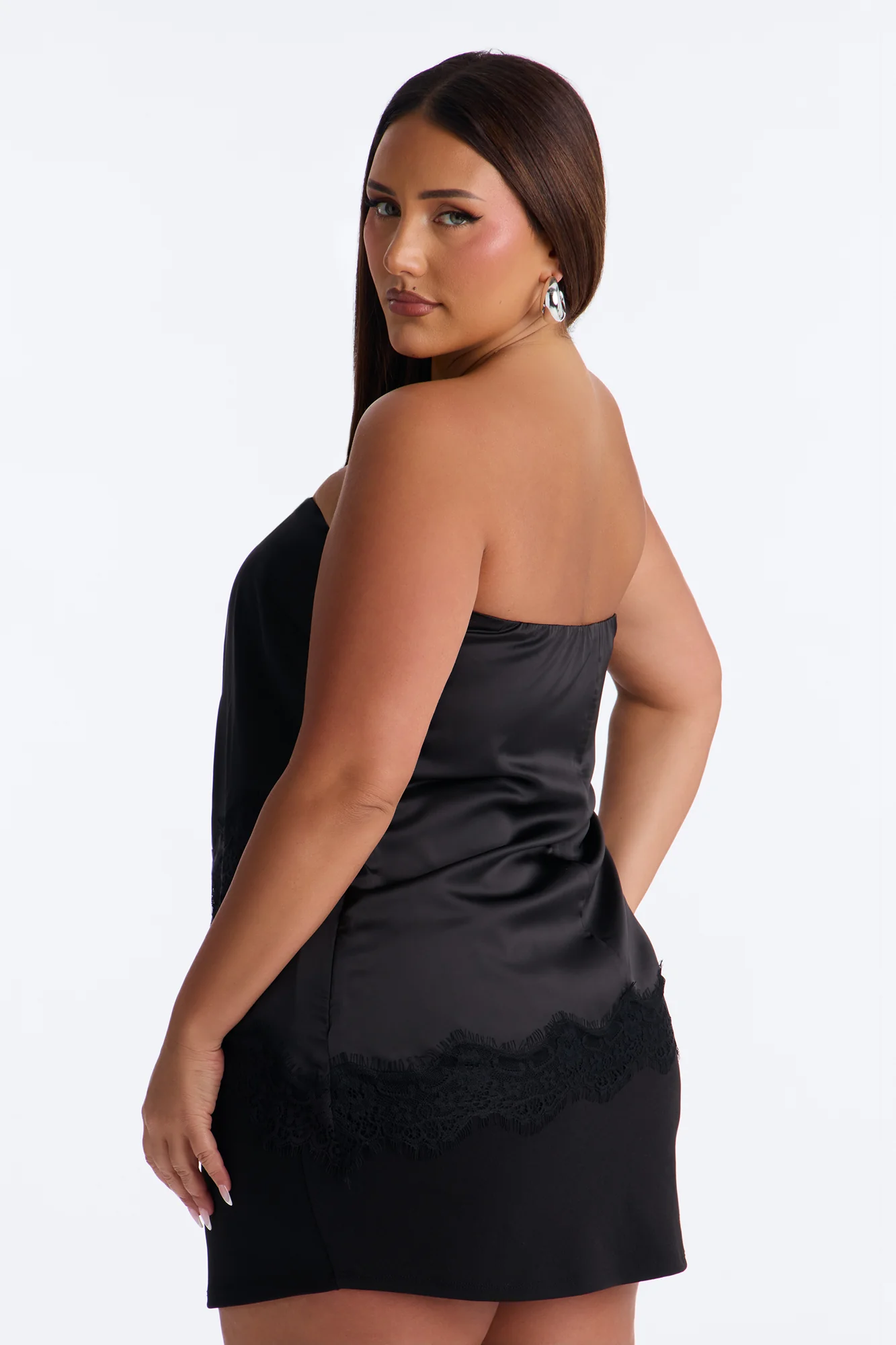 Pretty Poison Lace Trim Satin Tube Top - Black - Image 10