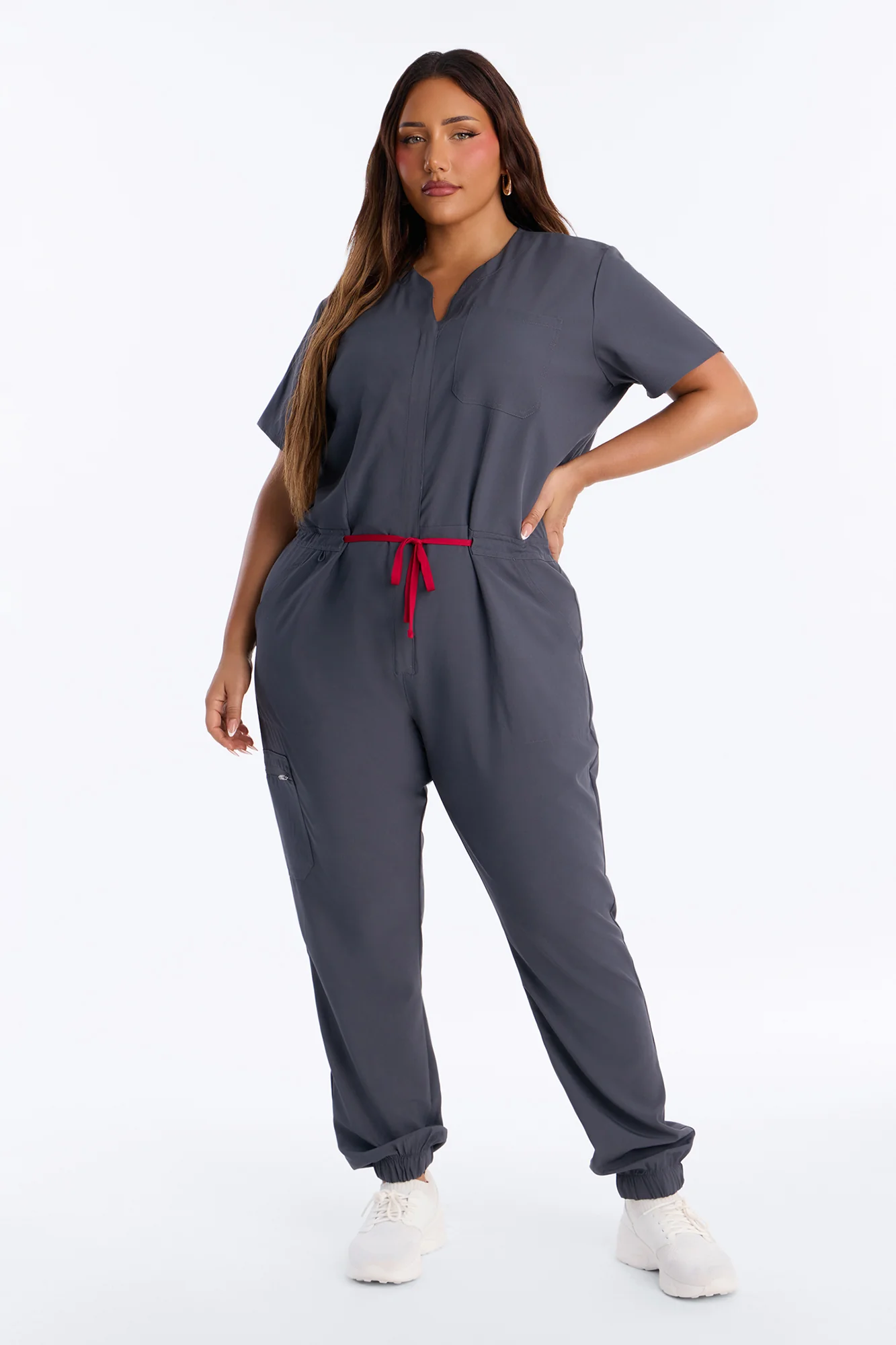 Prime Care Belted Uniform Scrub Jumpsuit - Charcoal - Image 4