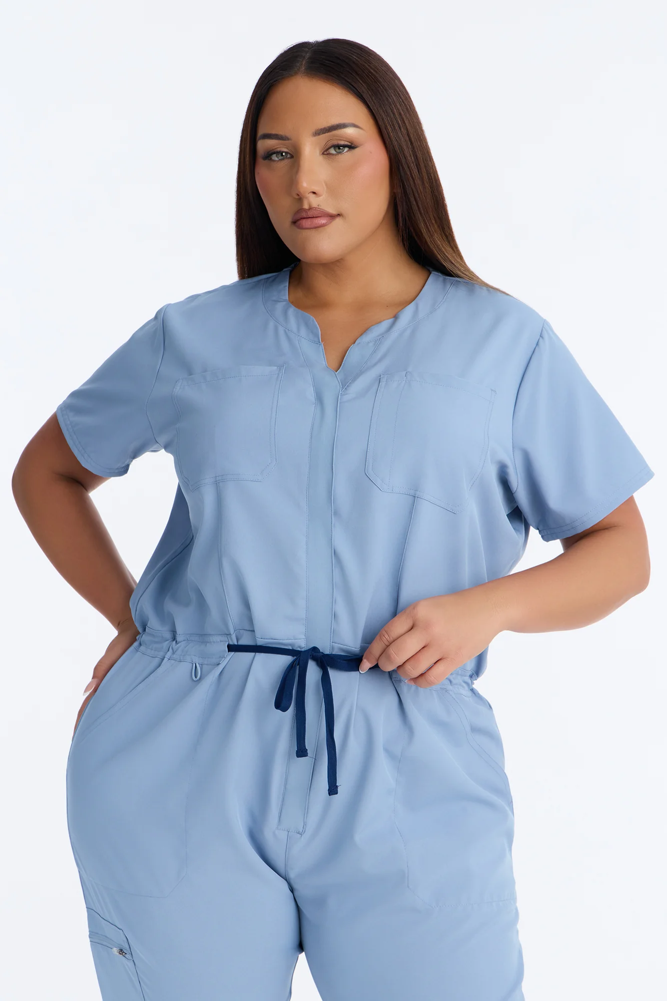 Prime Care Belted Uniform Scrub Jumpsuit - Dusty Blue - Image 6