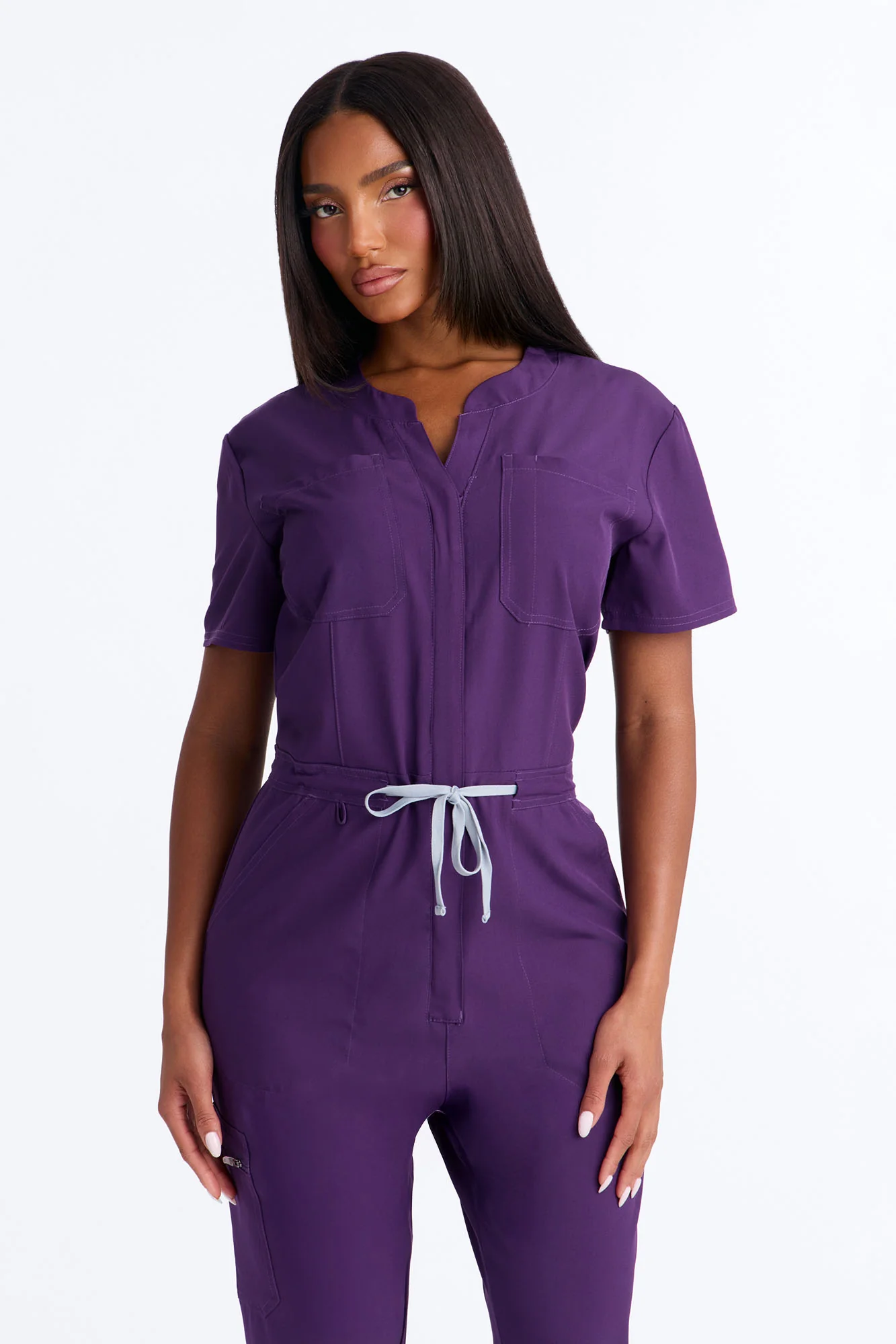 Prime Care Belted Uniform Scrub Jumpsuit - Eggplant - Image 2