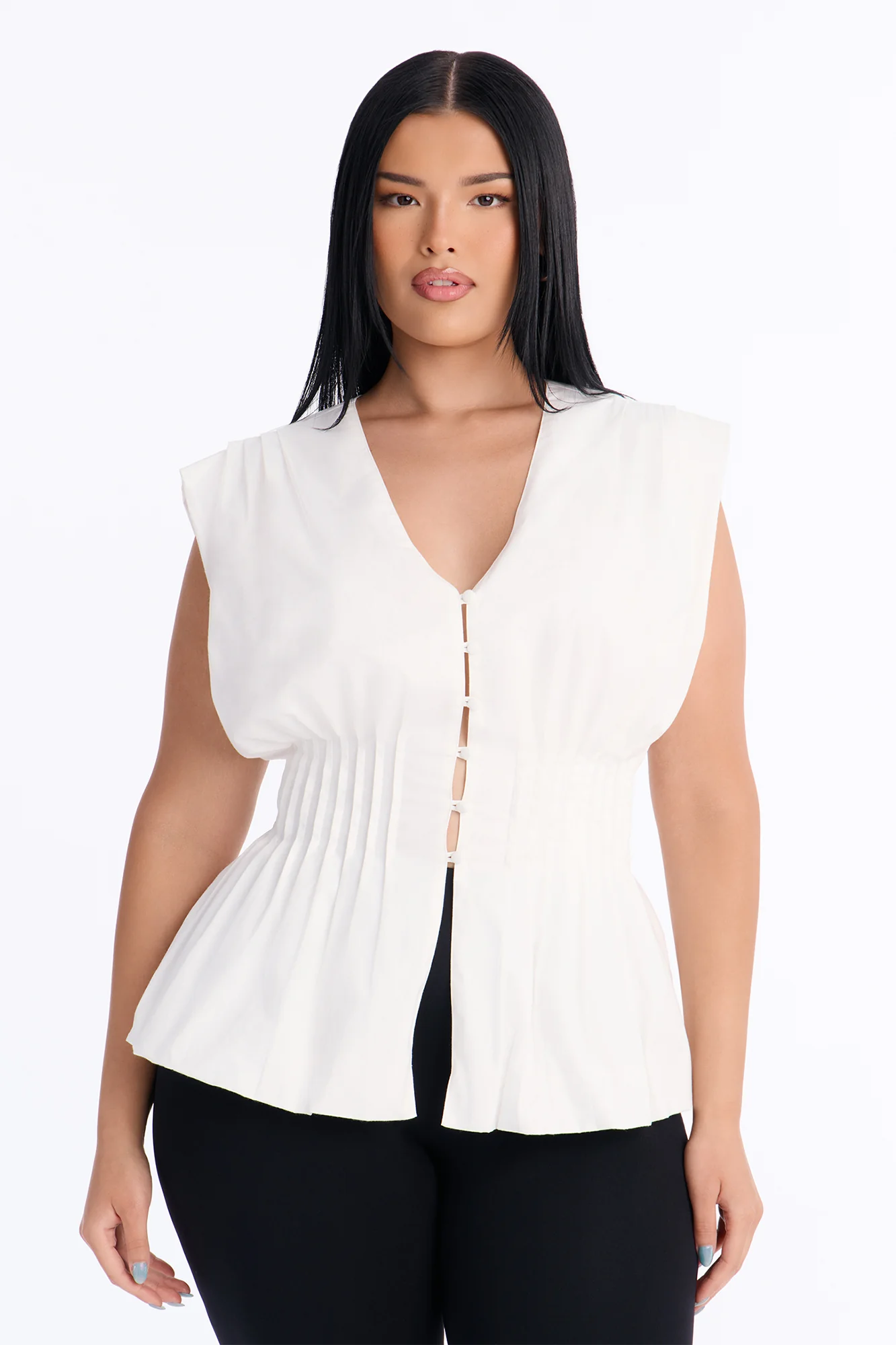 Priscilla Cinched Waist Sleeveless Top - White - Image 2