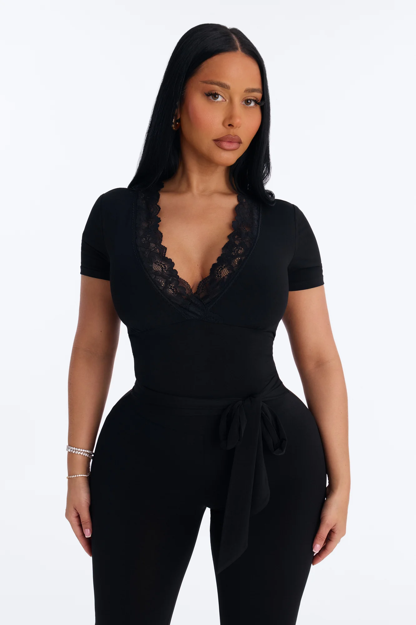 Priscilla Lace Trim Capri Catsuit - Black - Image 2