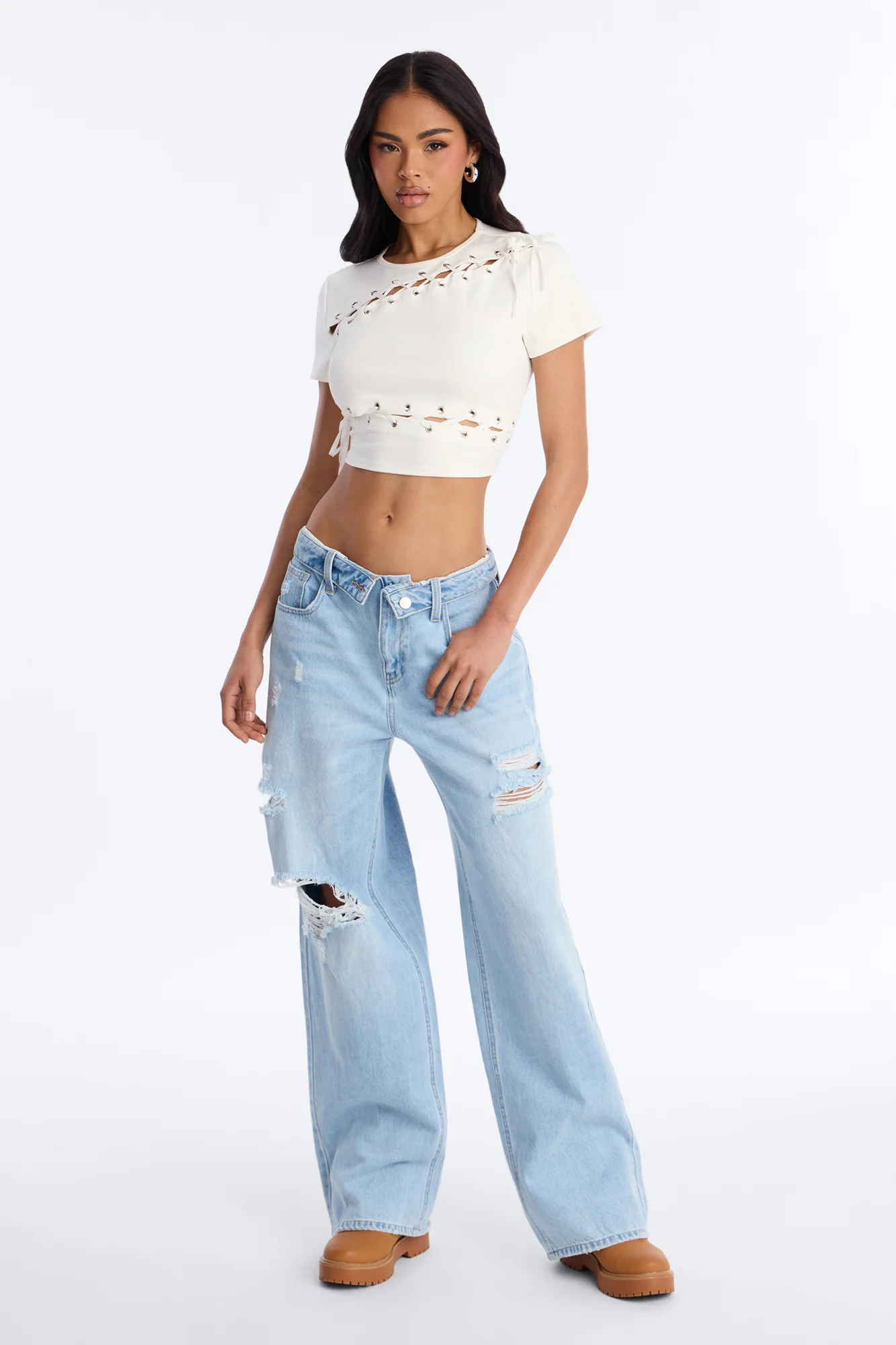 Pull My Heartstrings Lace Up Short Sleeve Top - White - Image 2