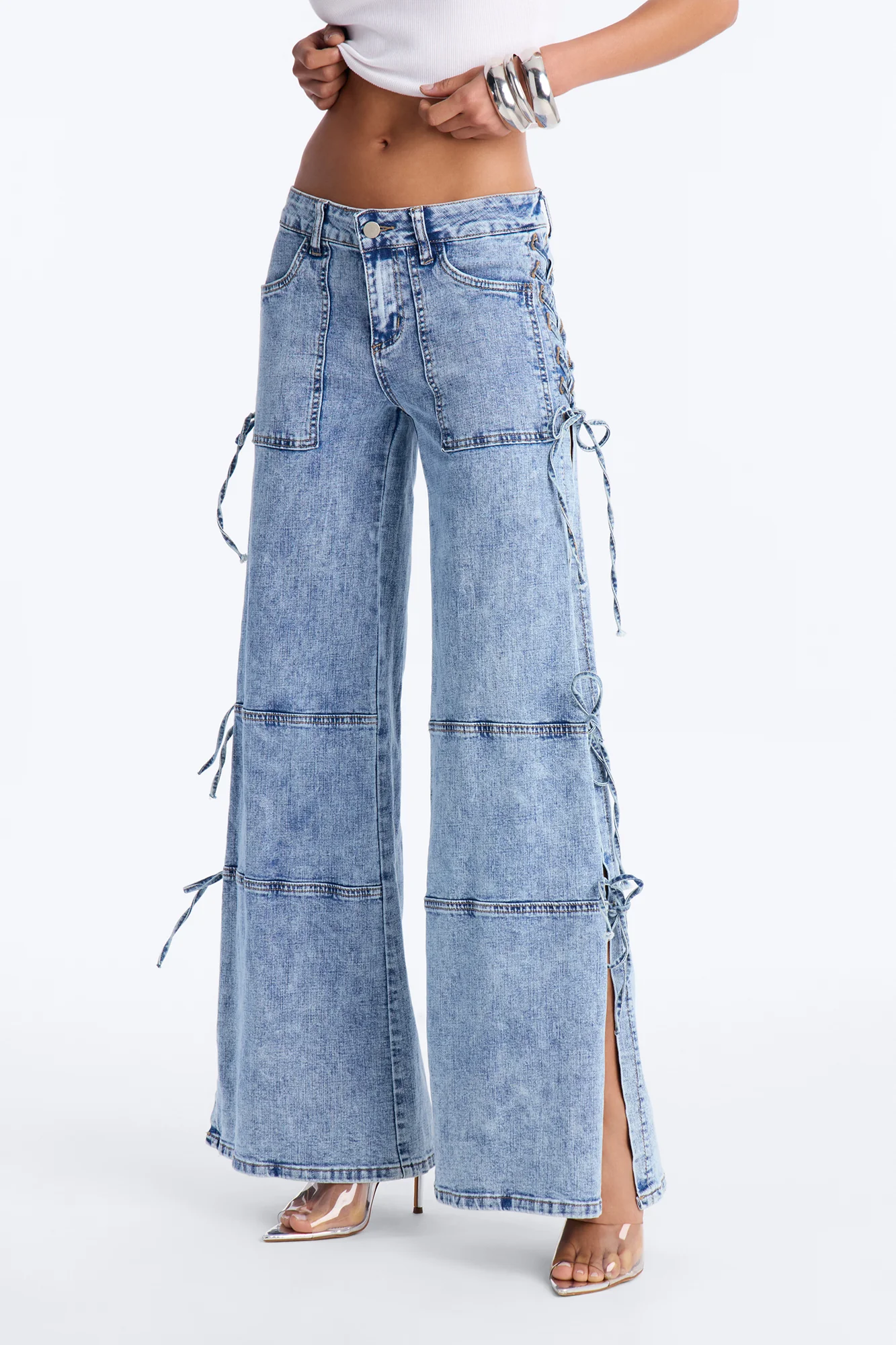 Pull Through Lace Up Stretch Tie Jeans - Medium Wash - Image 7