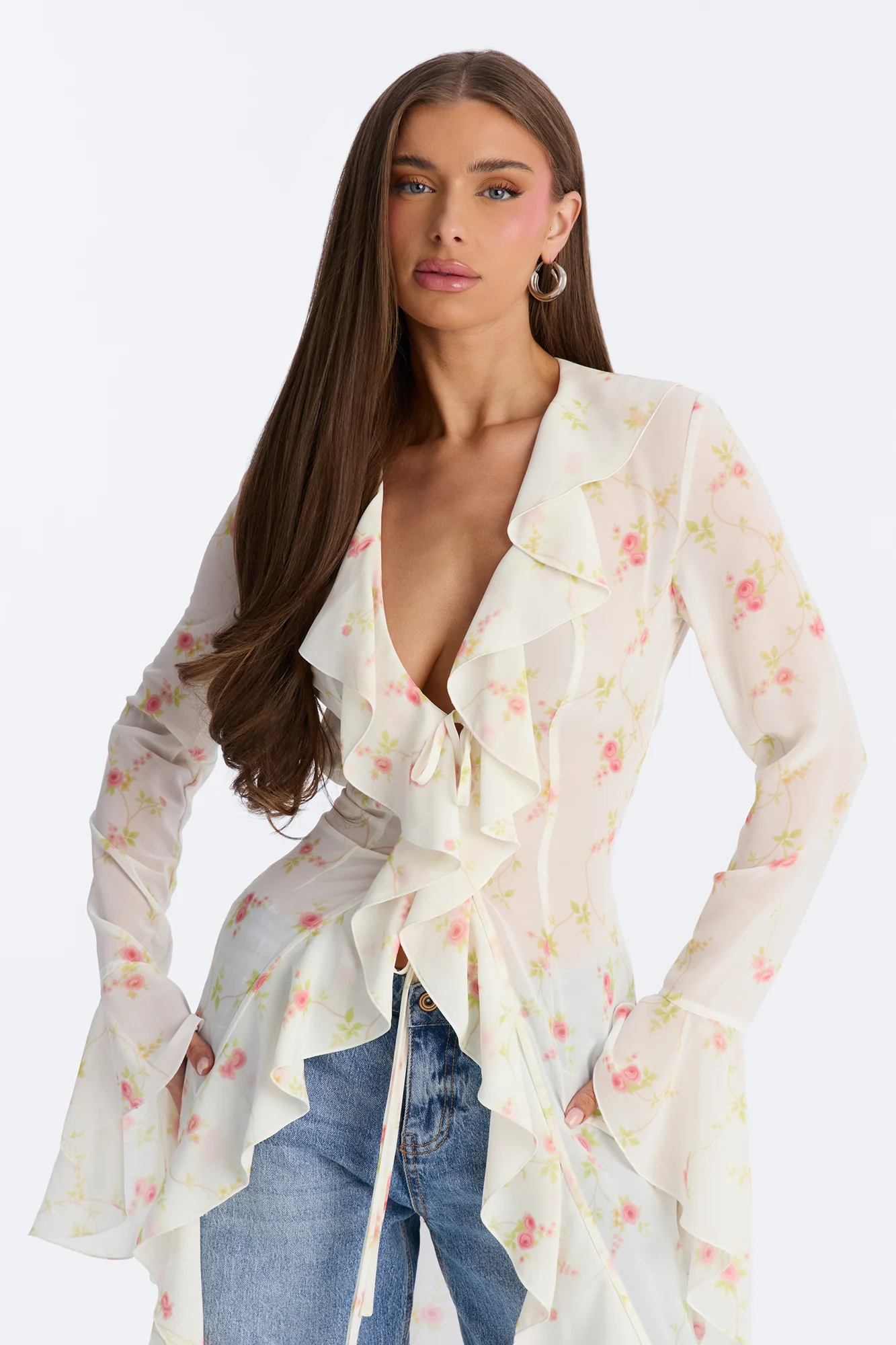 Pure Confidence Ditsy Floral Tie Front Maxi Top - Sage/combo - Image 2