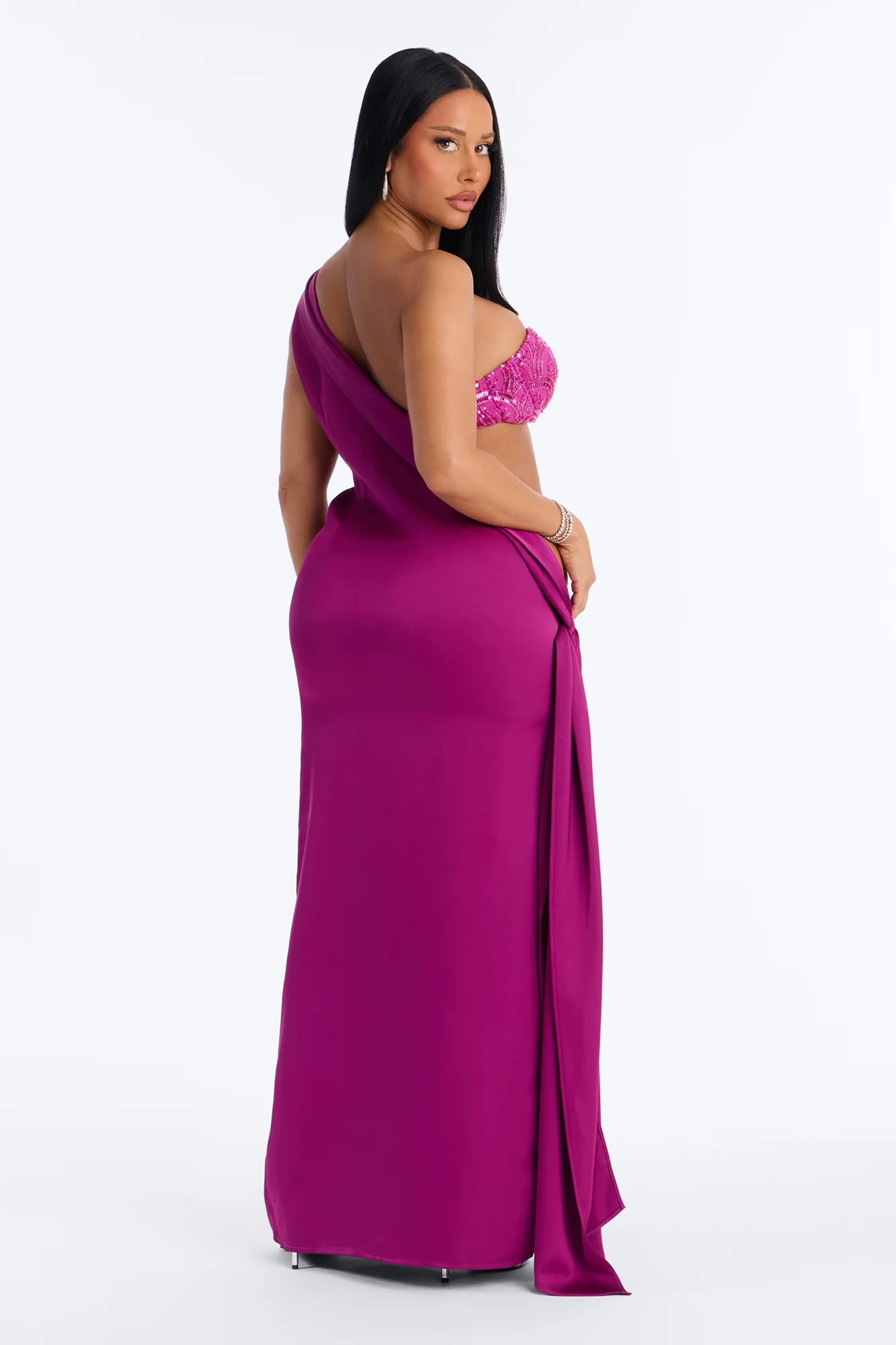 Pure Elegance Draped Satin Gown - Raspberry - Image 4