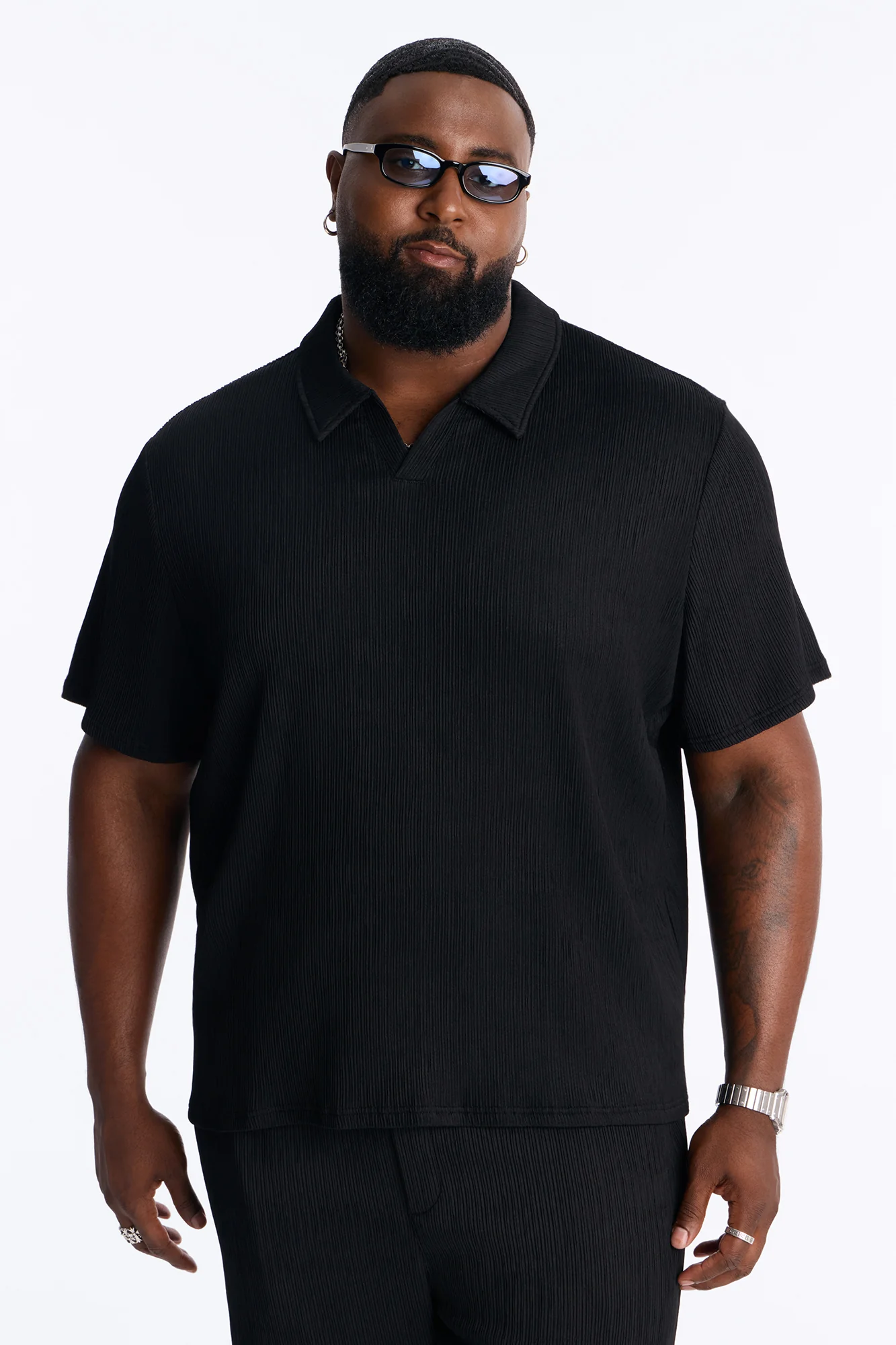 Pure Form Plisse Johnny Collar Polo - Black - Image 5