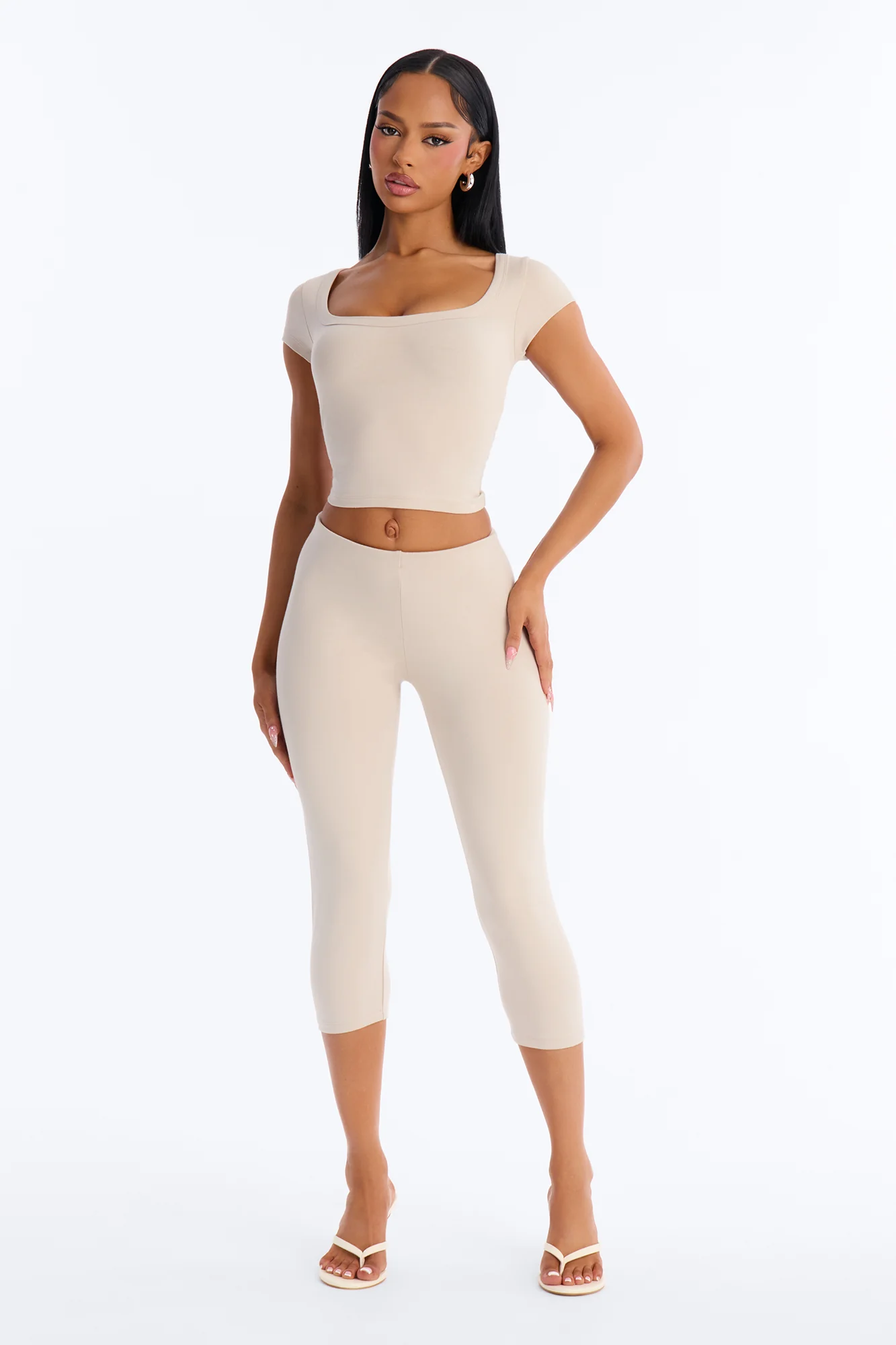 Quinn Low Neck Cap Sleeve Top - Stone - Image 2