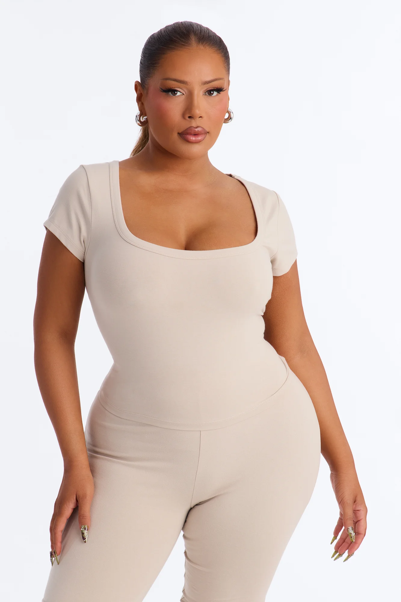 Quinn Low Neck Cap Sleeve Top - Stone - Image 4