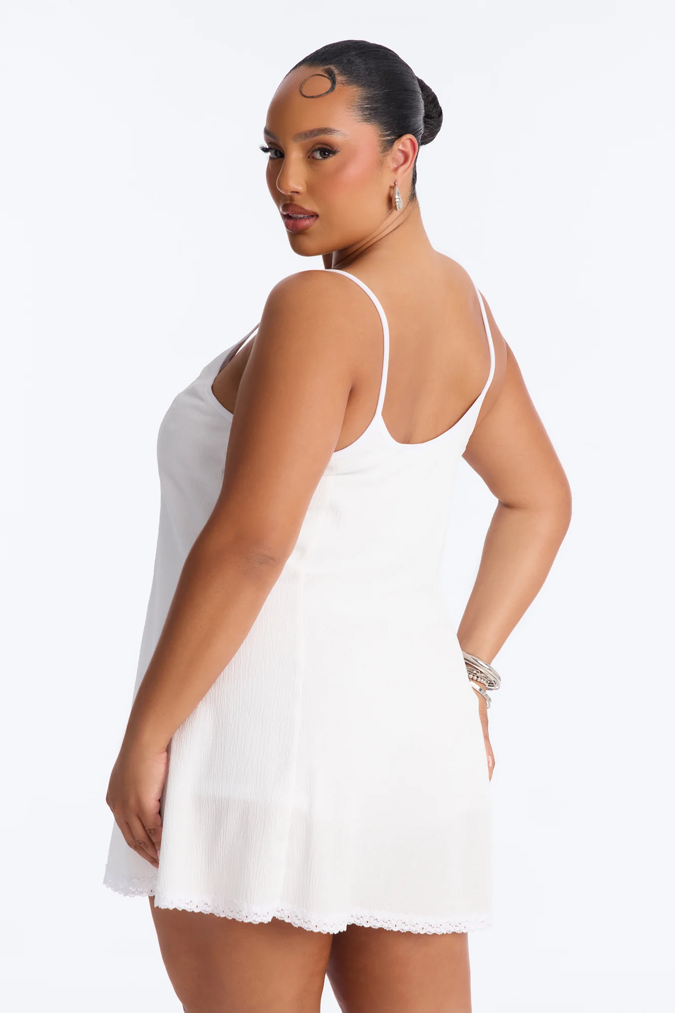 Rachel Lace Trim Textured Mini Dress - Off White - Image 8