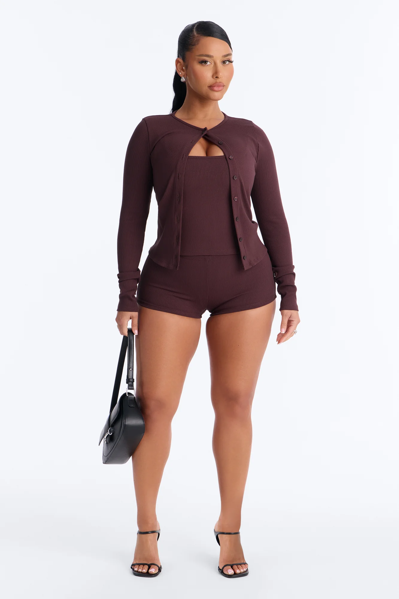 Rachel Ribbed Micro Mini Short Set - Chocolate - Image 2