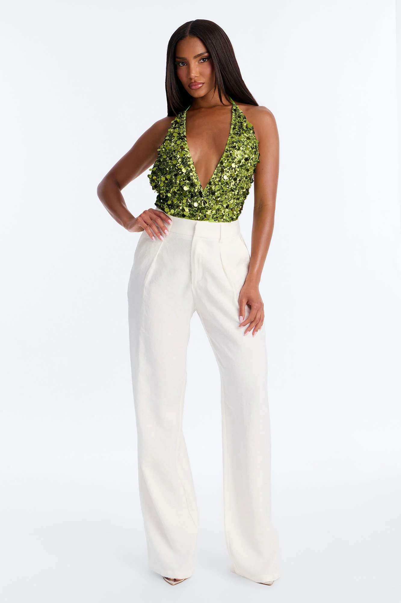 Radiant Nights Sequin Halter Bodysuit - Chartreuse - Image 2