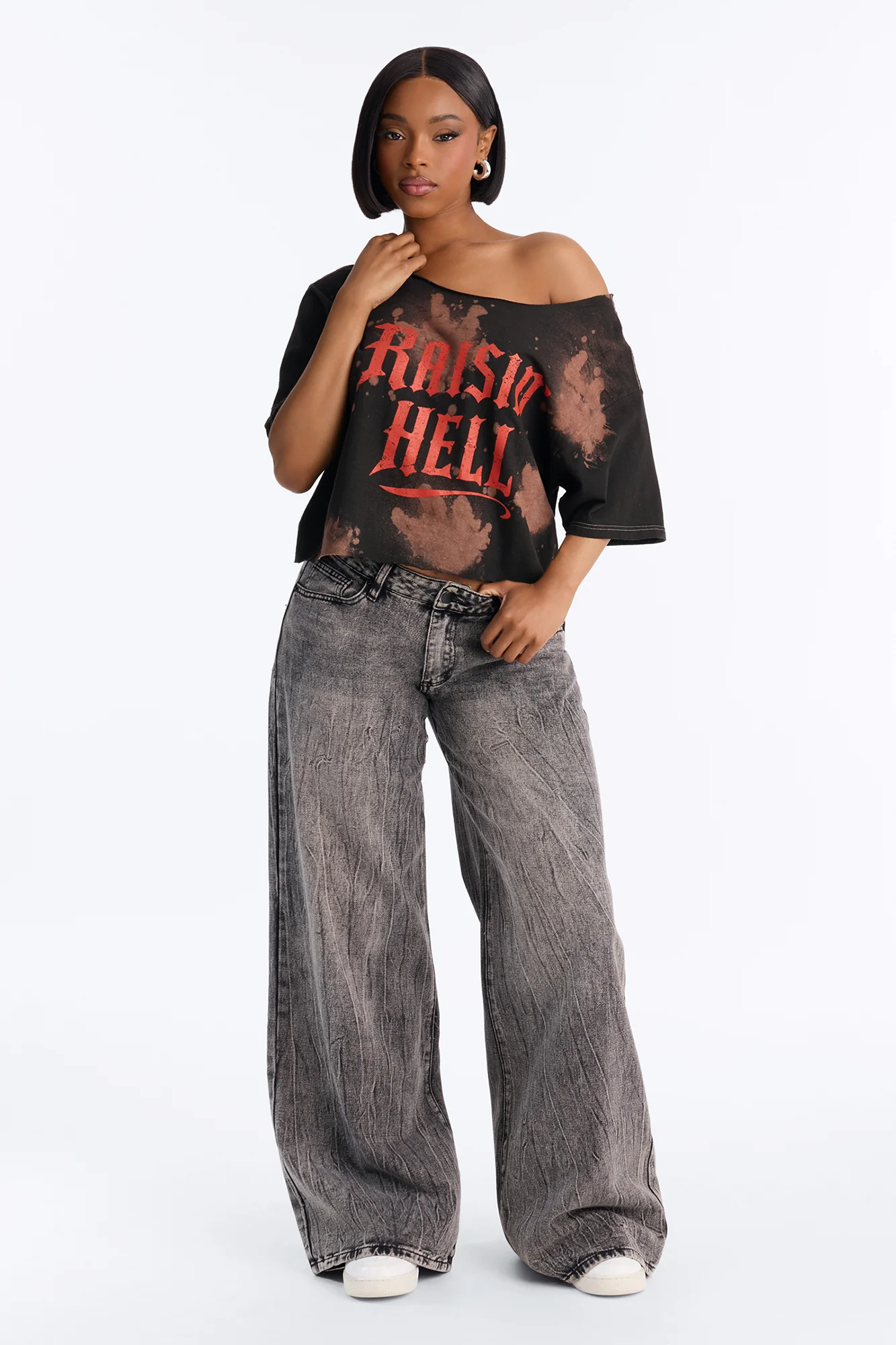 Raisin' Hell Bleach Washed Off Shoulder Tee - Black - Image 2
