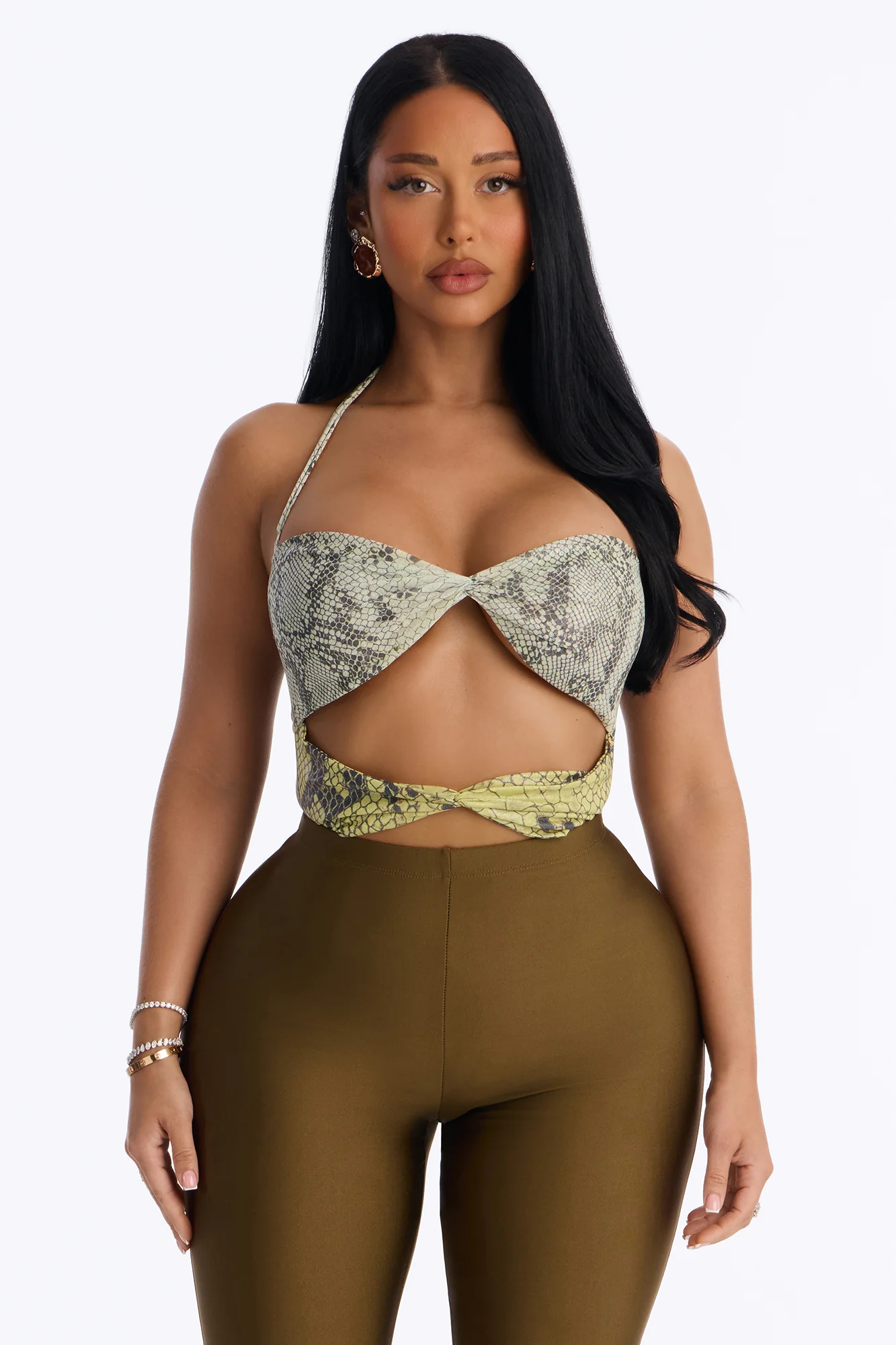 Rattle Me Up Snake Mesh Cut Out Halter Bodysuit - Multi Color - Image 3