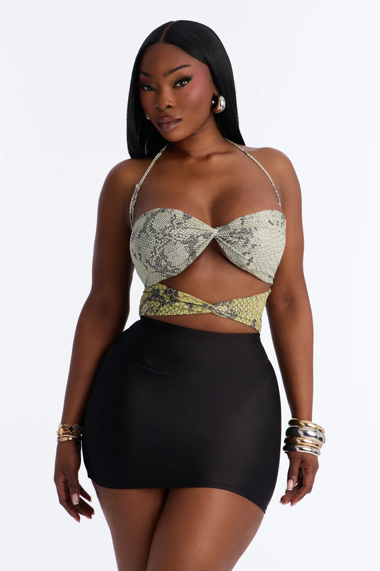 Rattle Me Up Snake Mesh Cut Out Halter Bodysuit - Multi Color - Image 8