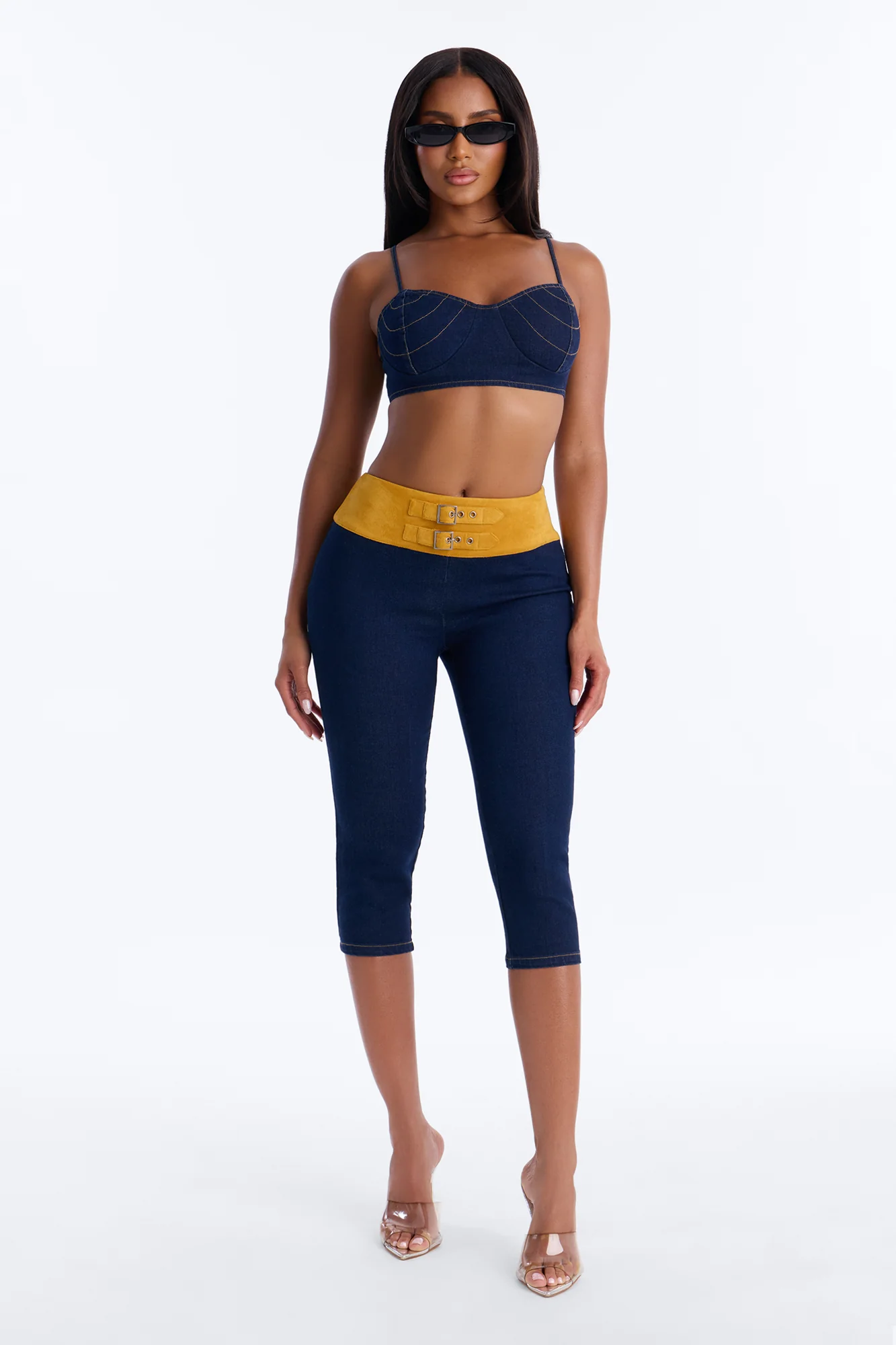 Raye Denim Crop Top and Capri Set - Dark Wash