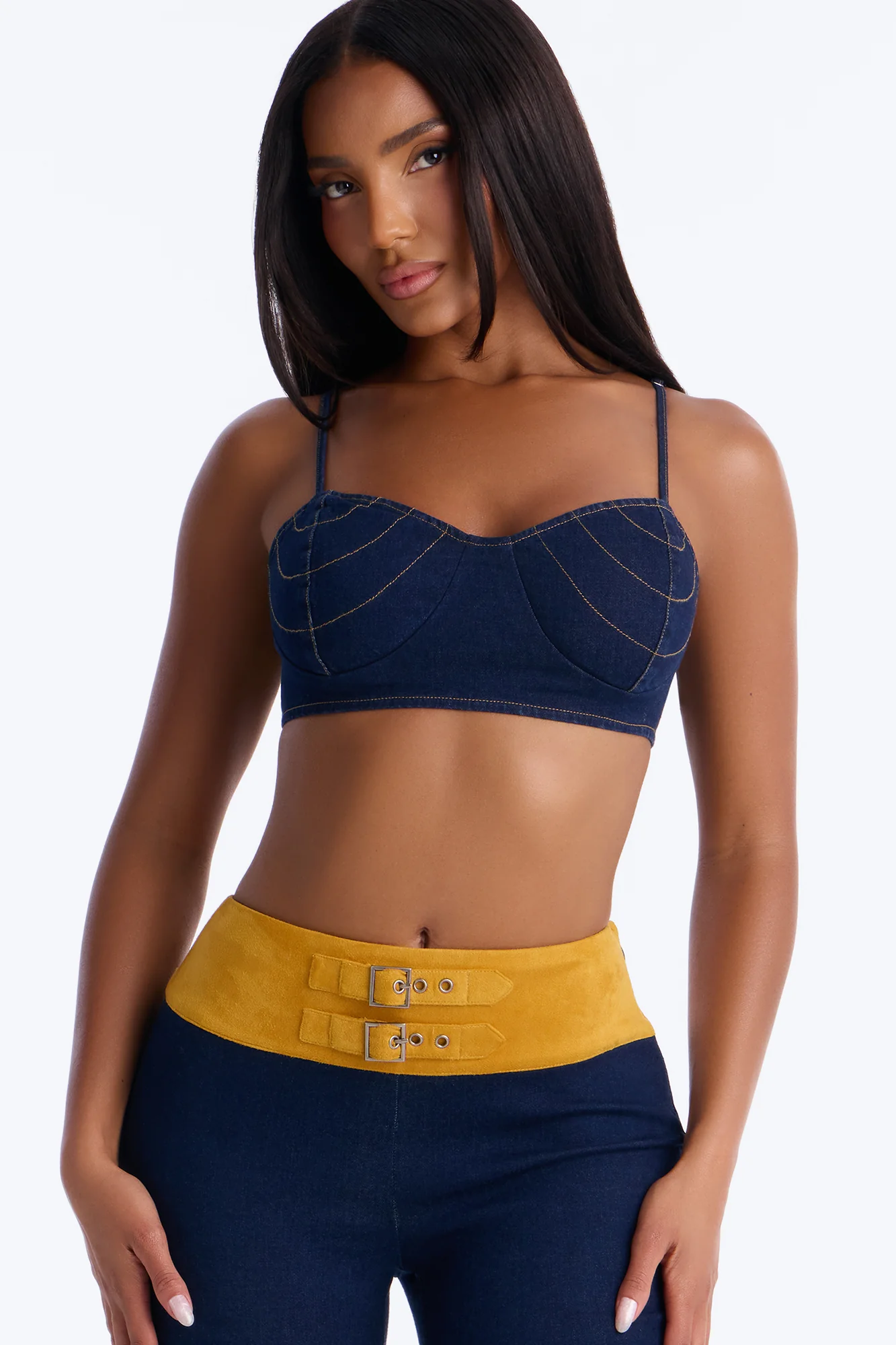Raye Denim Crop Top and Capri Set - Dark Wash - Image 2